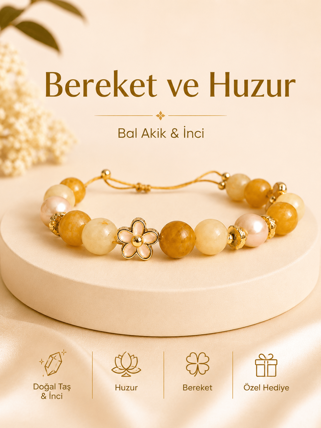 Zokak Doğal Bal Akik Taşlı ve İncili İpli Bileklik - Altın Kaplama Mineli Çiçek Detaylı Ayarlanabilir Tasarım