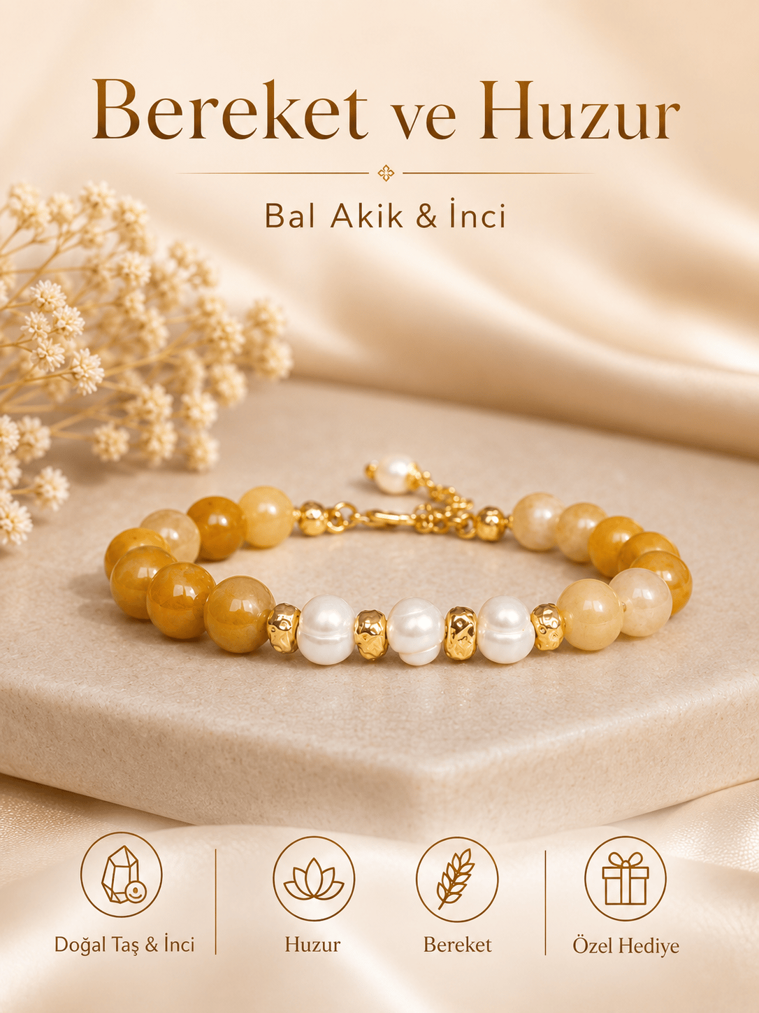 Zokak Doğal Bal Akik ve İnci Bileklik - Altın Kaplama Dorika Detaylı Ayarlanabilir Tasarım