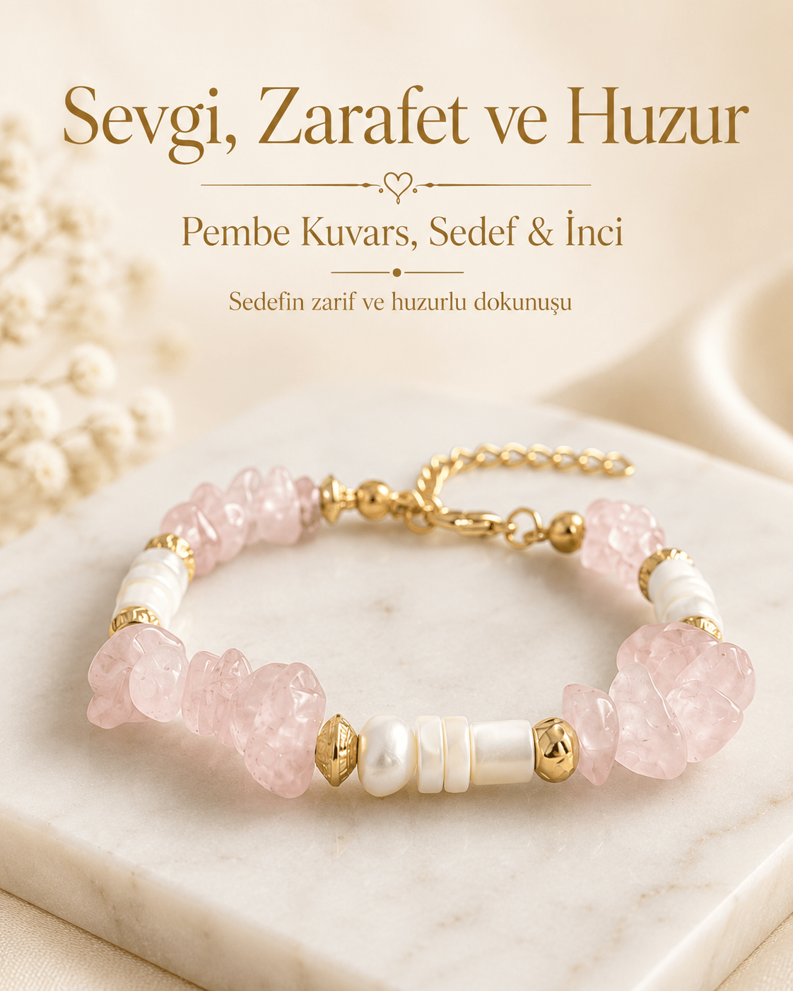 Zokak Doğal Pembe Kuvars Kırma Taşlı Sedef ve İnci Bileklik - Altın Kaplama Dorika Detaylı Ayarlanabilir Tasarım