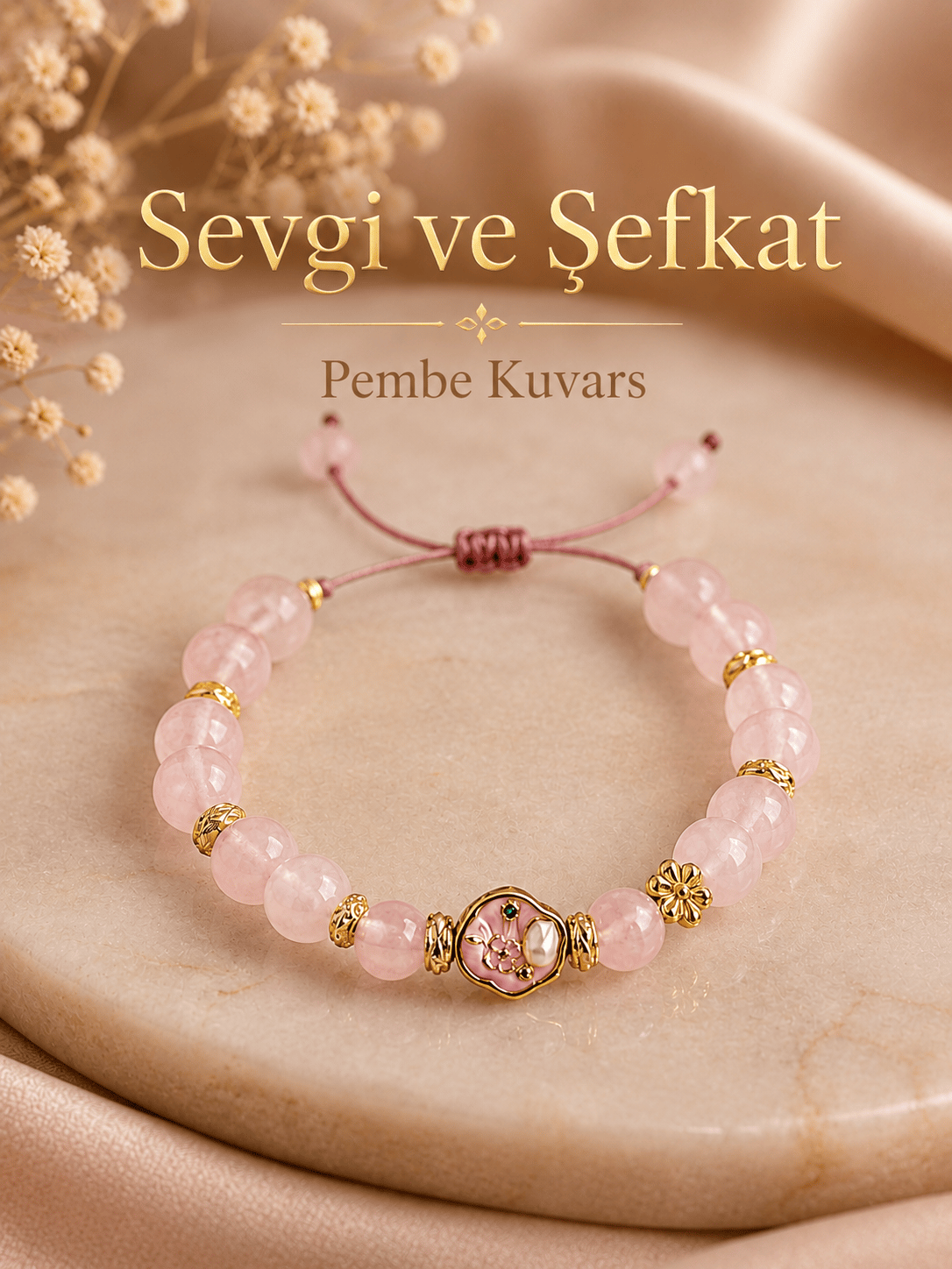 Zokak Doğal Pembe Kuvars Taşlı İpli Bileklik - Altın Kaplama Çiçek ve Mine Detaylı Ayarlanabilir Tasarım