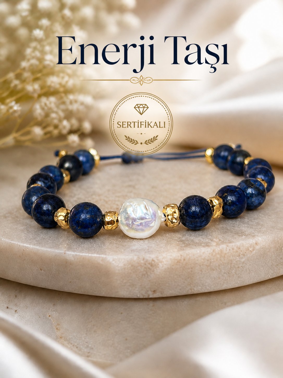 Zokak Gerçek Lapis Lazuli ve Barok İnci Doğal Taş Bileklik - Başarı, Enerji ve Çakra Taşı - Altın Kaplama