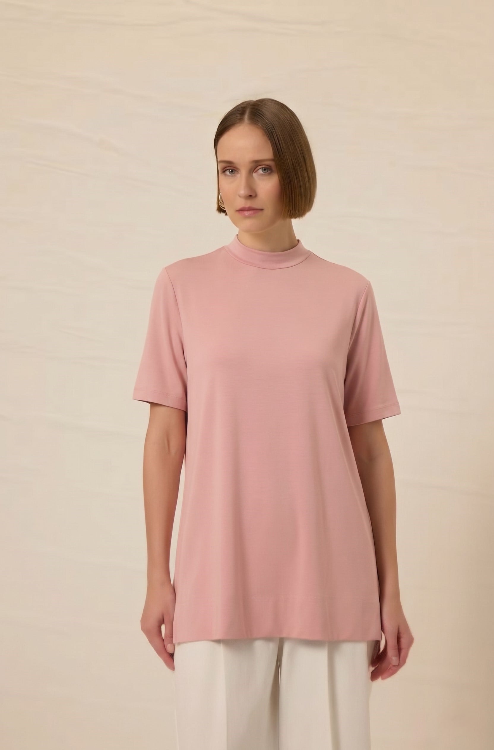 Kısa Kollu Basic Bluz Pudra Pembe