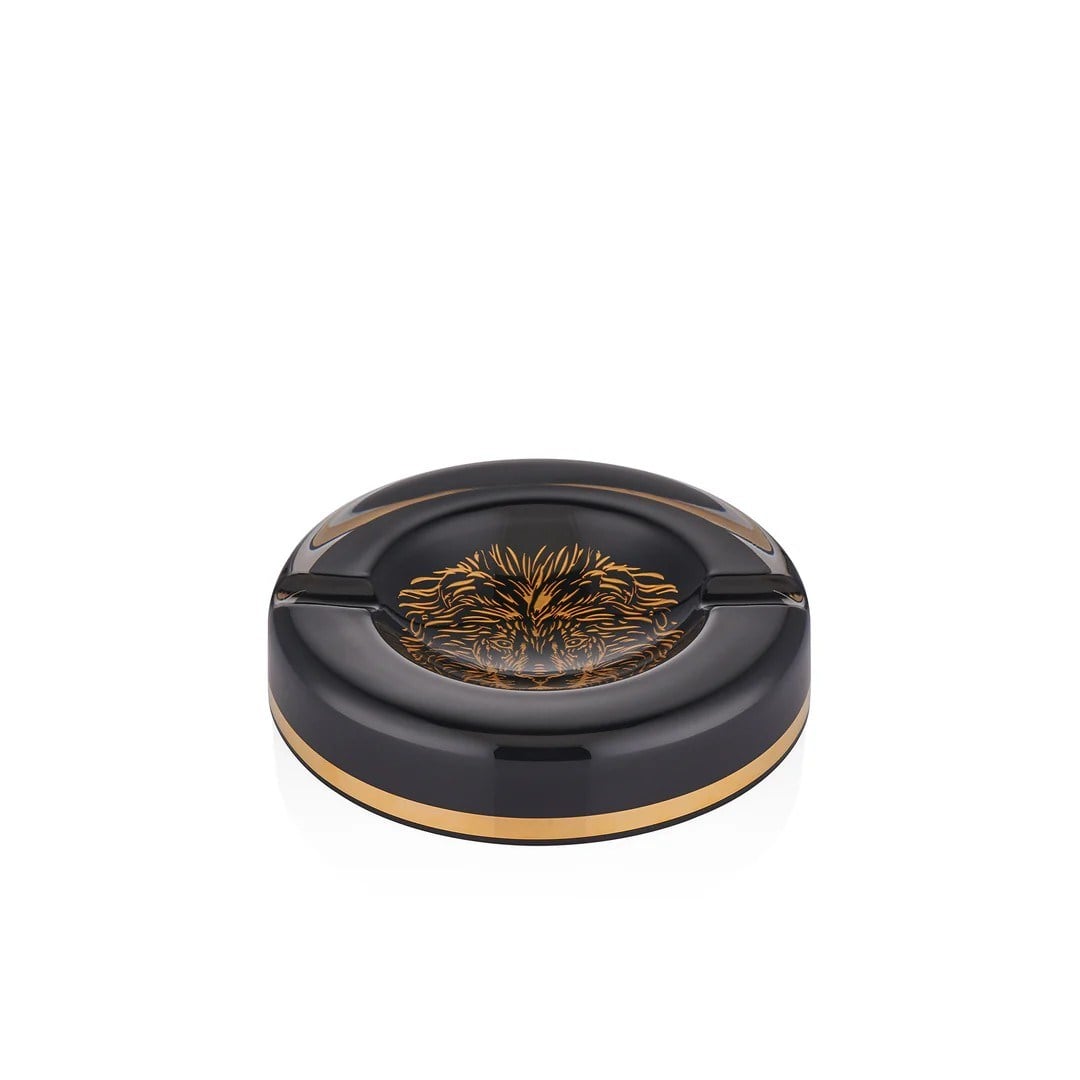 DECORIUM Leo 24 Ayar Altın Yaldızlı 18 cm Puro Dekoratif Siyah - Altın Cam Küllük