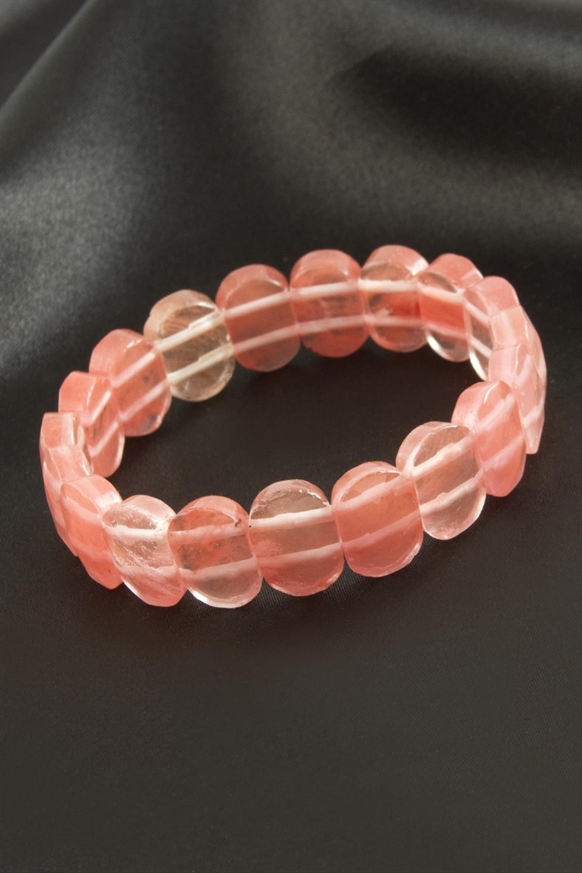 Oval Kesim Pembe Kuvars Doğaltaşlı Bileklik