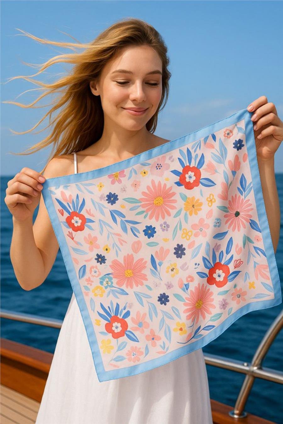 Çiçek Desenli Bebe Mavi Saten Bandana Fular