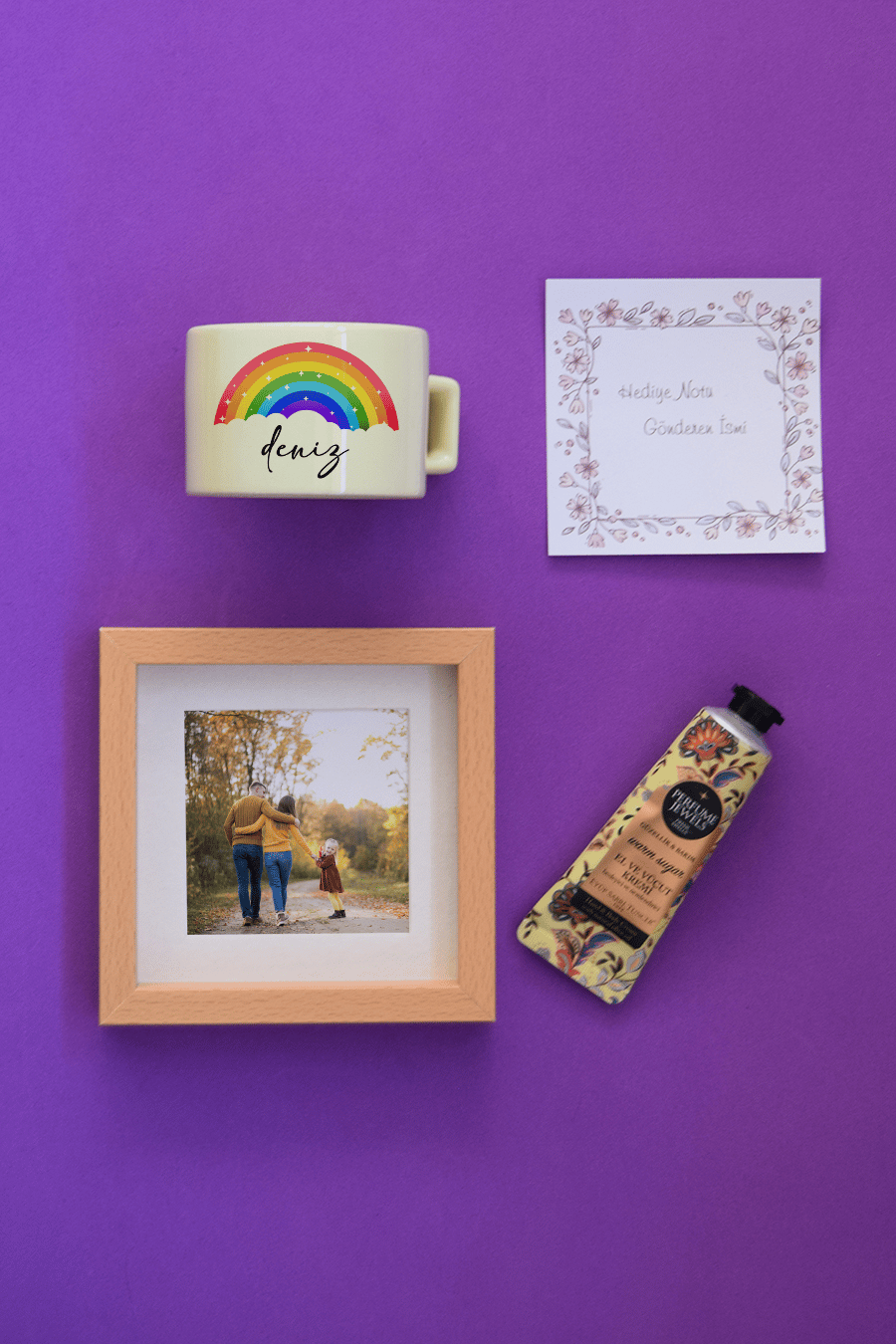 Gökkuşağı Hediye Kutusu - Kişiye Özel Lüks Pastel Fincan, El Kremi, Ahşap Fotoğraf Çerçevesi