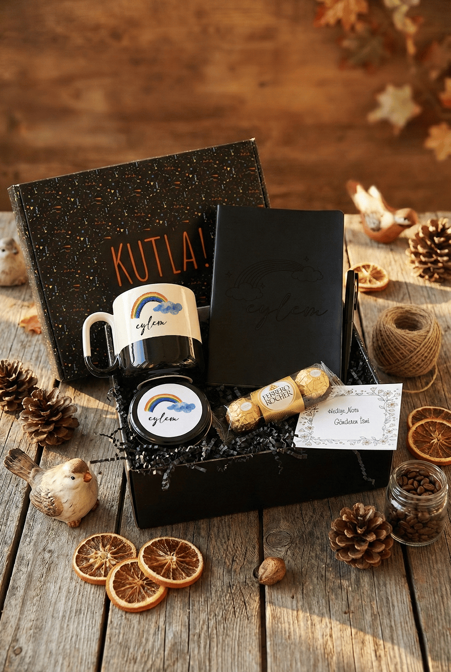 Gökkuşağı Hediye Kutusu - Kişiye Özel Pro Kupa, Defter, Mum, Çikolata Ferrero Rocher 3'lü, Kalem