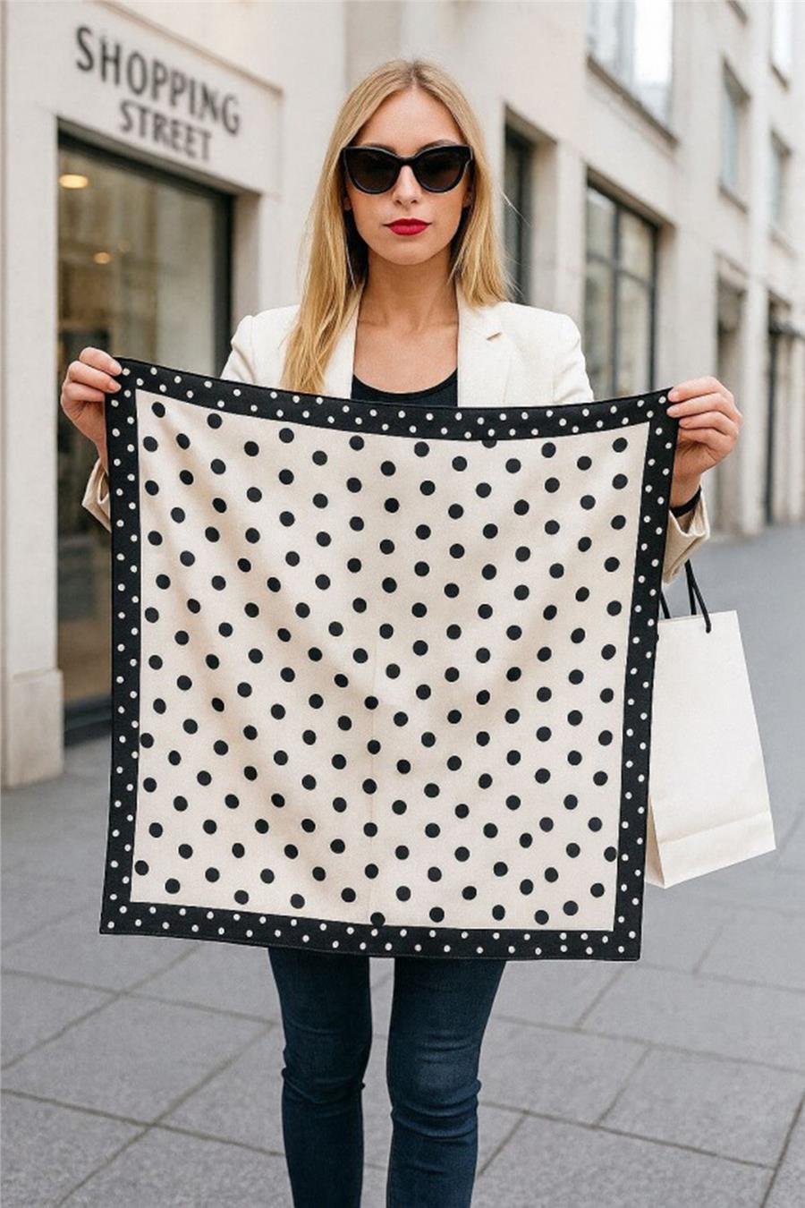 Puantiye Desenli Saten Bandana Fular