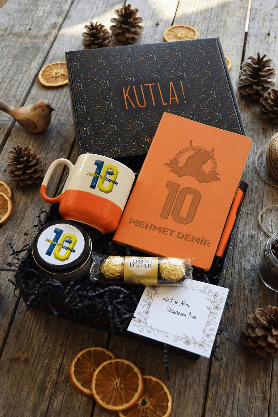 Sarı Lacivert Taraftar Hediye Kutusu - Kişiye Özel Pro Kupa, Defter, Mum, Çikolata Ferrero Rocher 3'lü, Kalem
