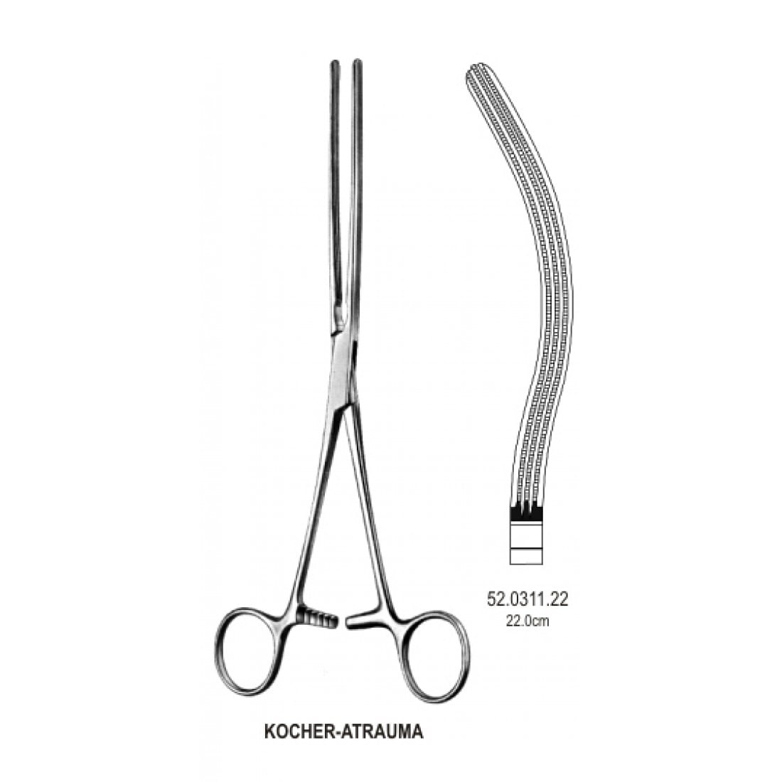 52.0311.22 Kocher Bağırsak Forsepsi Atravmatik Eğri 22cm