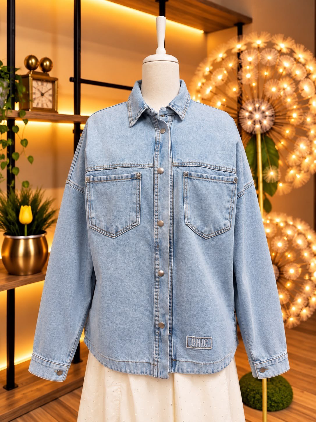 Açık Mavi CHIC Etiket Detaylı Oversize Kadın Kot Gömlek
