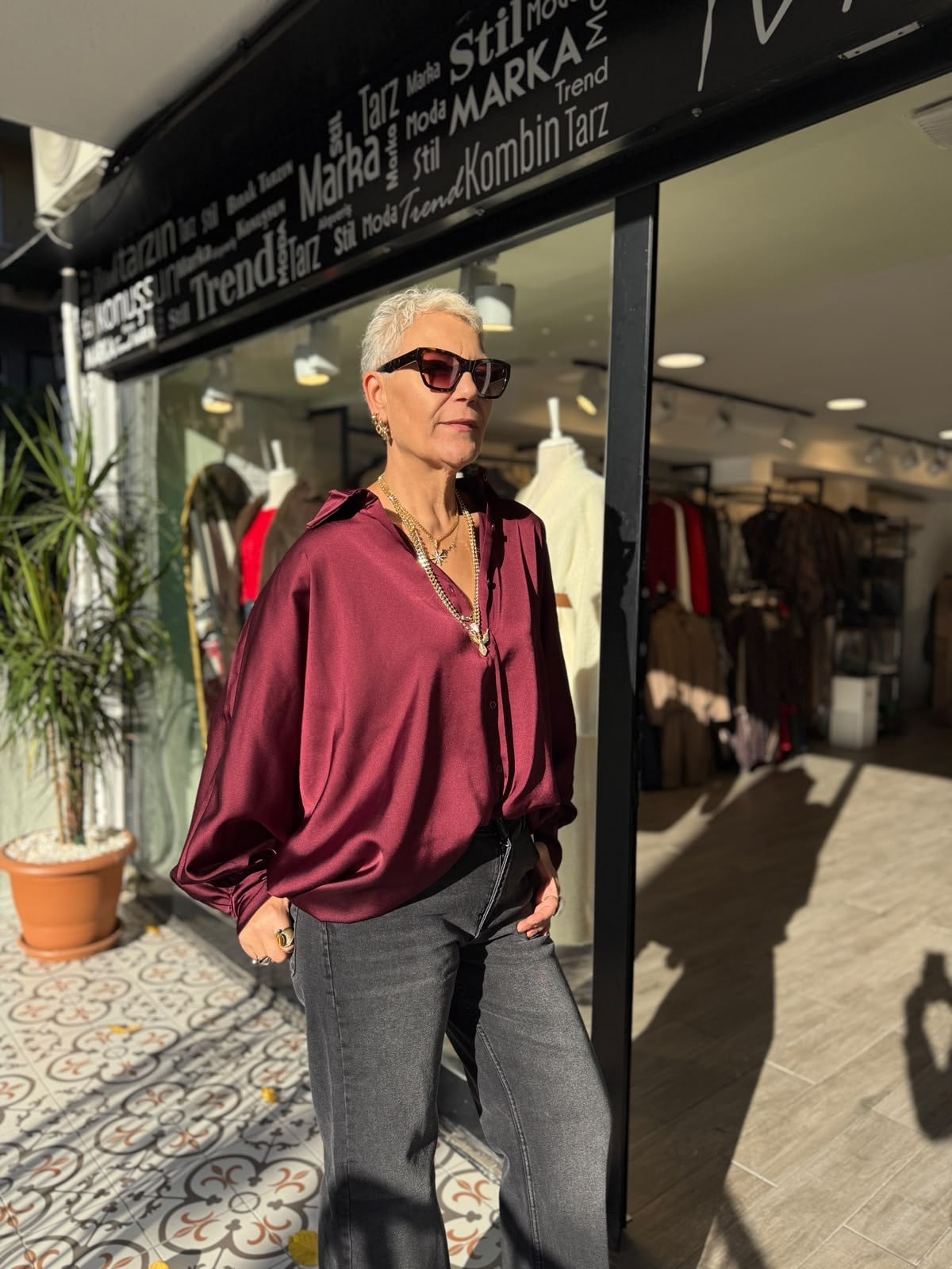 Bordo Saten Oversize Gömlek