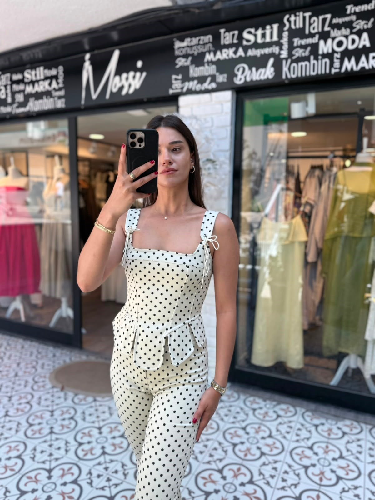 Ekru Siyah Puantiyeli Büstiyer Pantolon İkili Takım