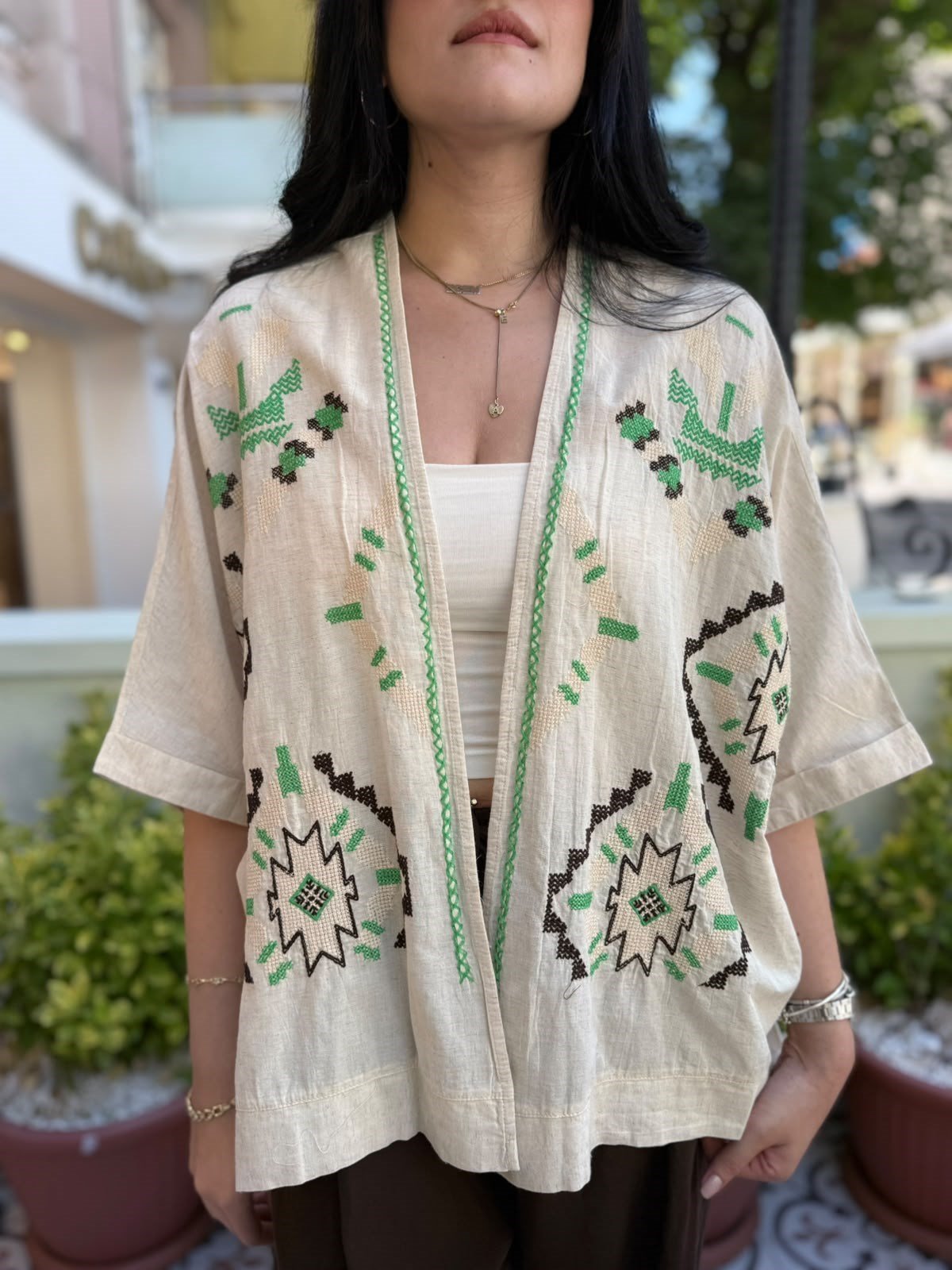 Etnik Nakışlı Bej Kimono