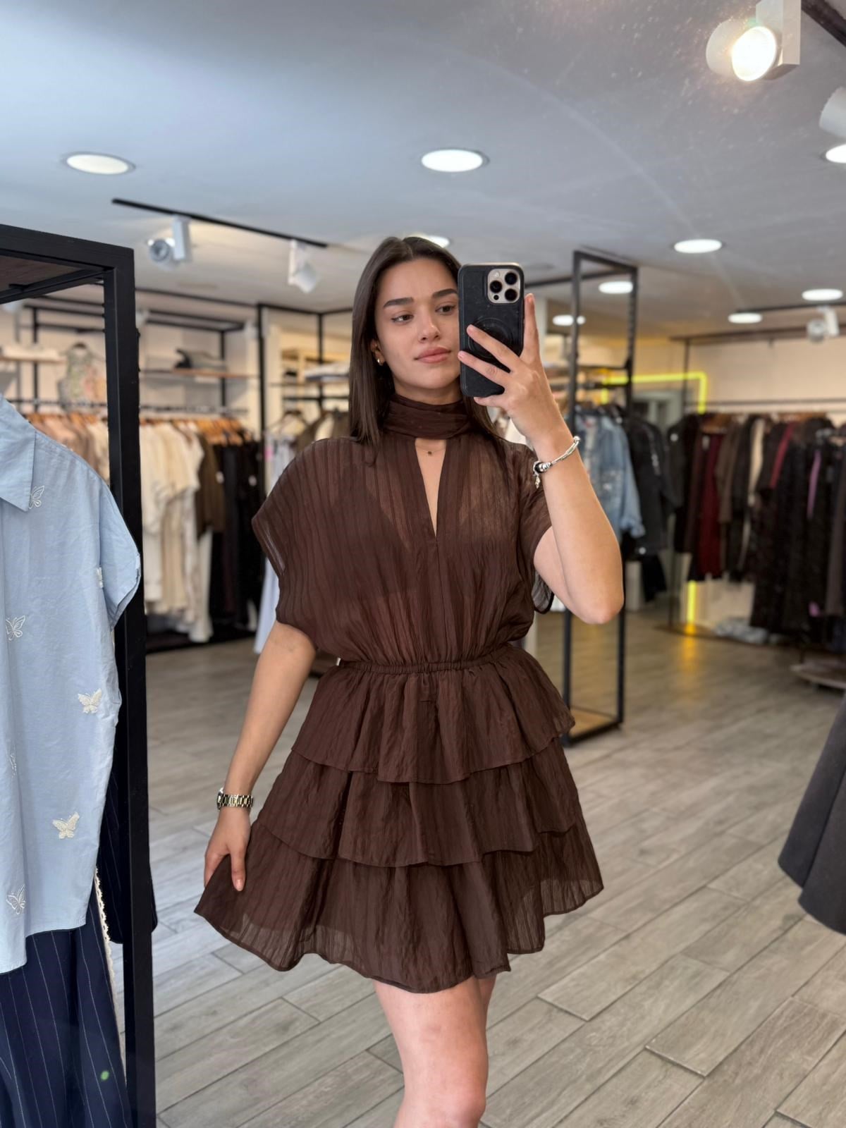Kahve Kat Kat Volanlı Mini Elbise