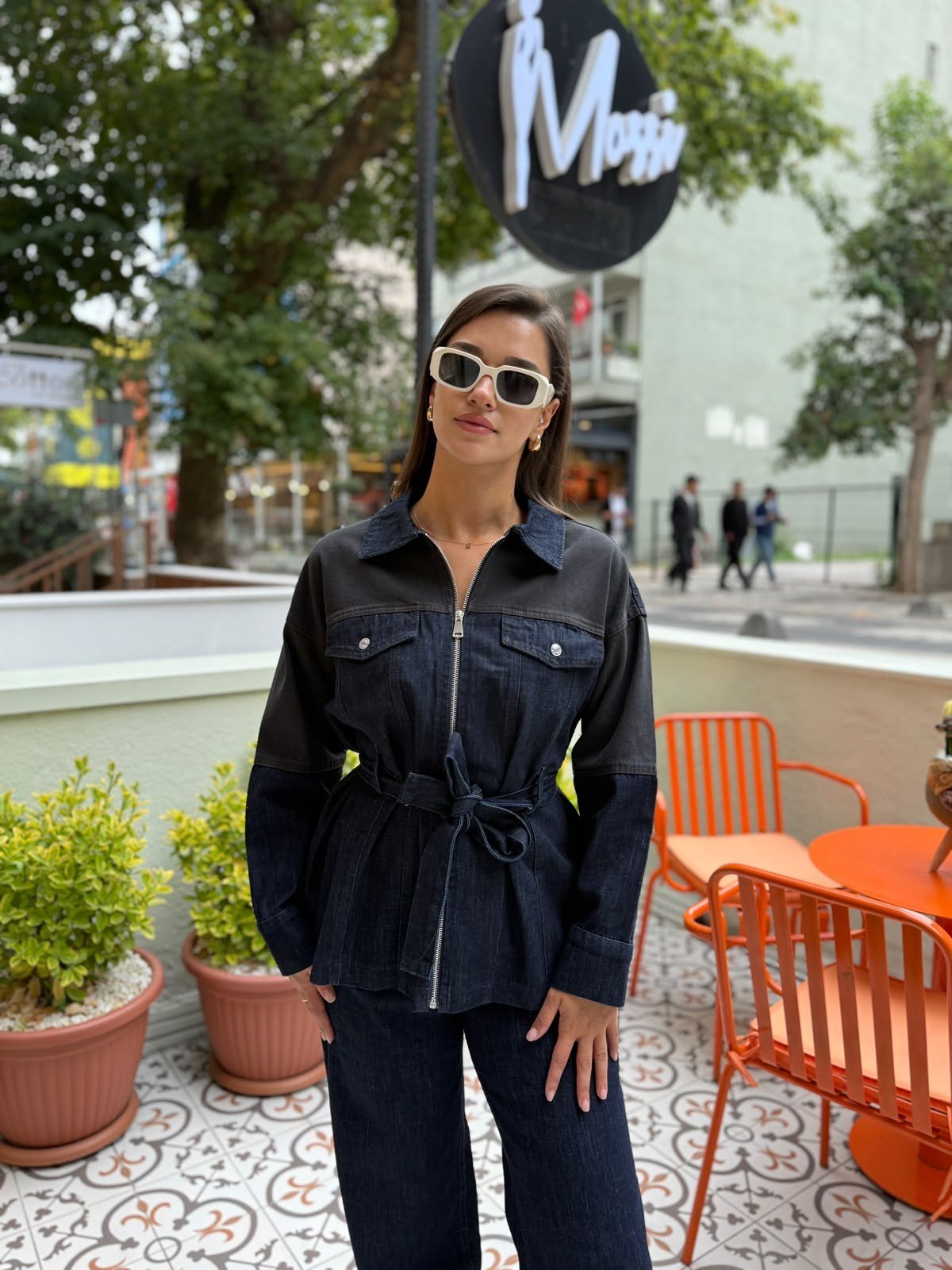 Lacivert Kuşaklı Denim Ceket Pantolon Takım