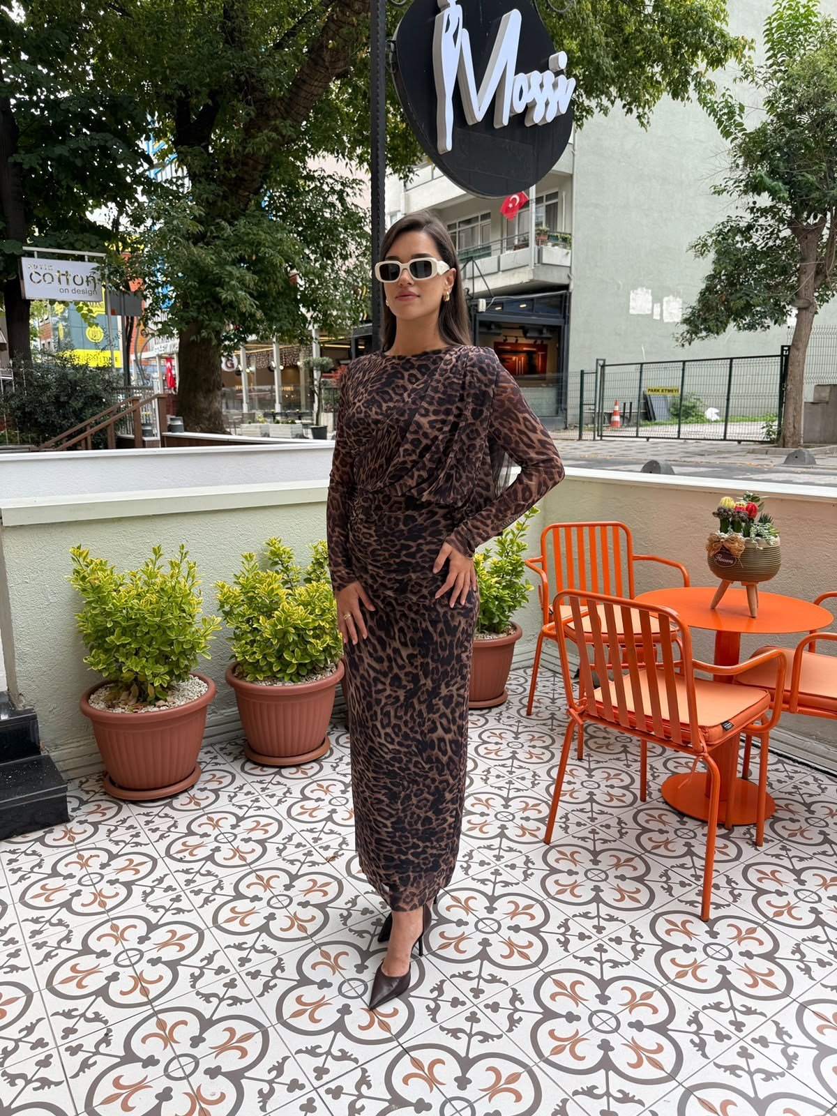 Leoparlı Uzun Kollu Elbise