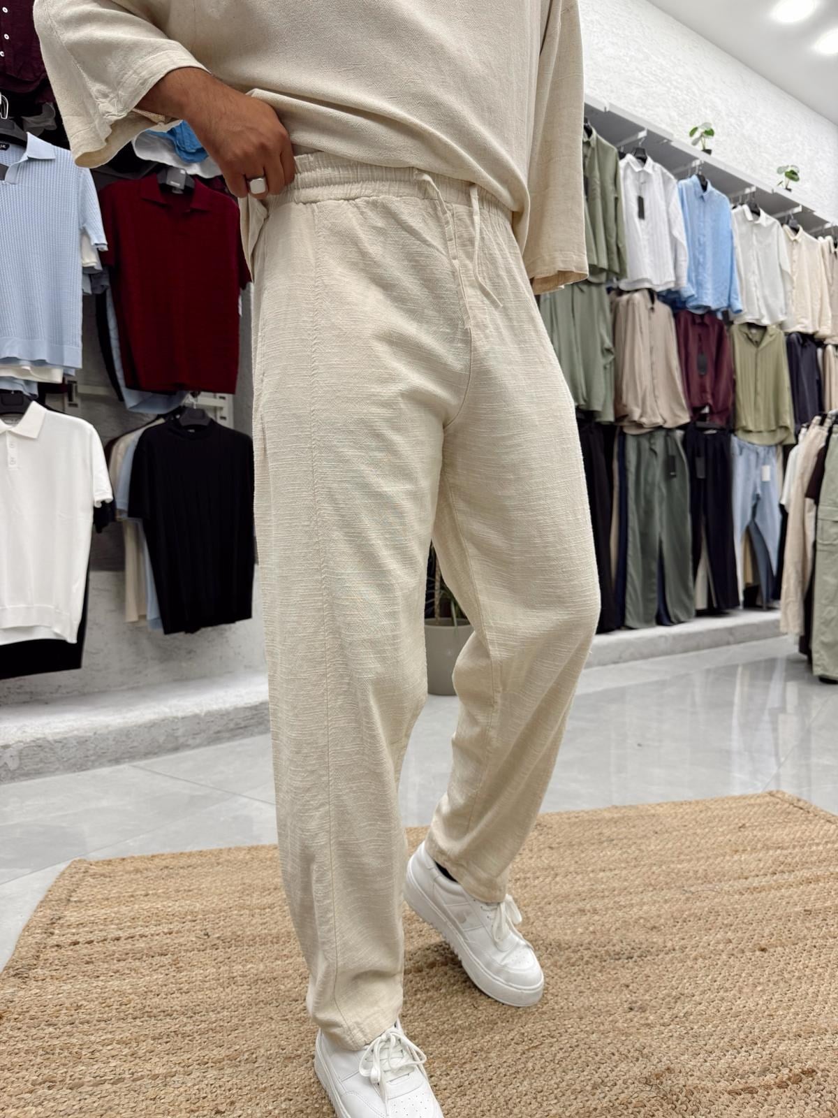 Bej Şerit Detaylı Keten Pantolon