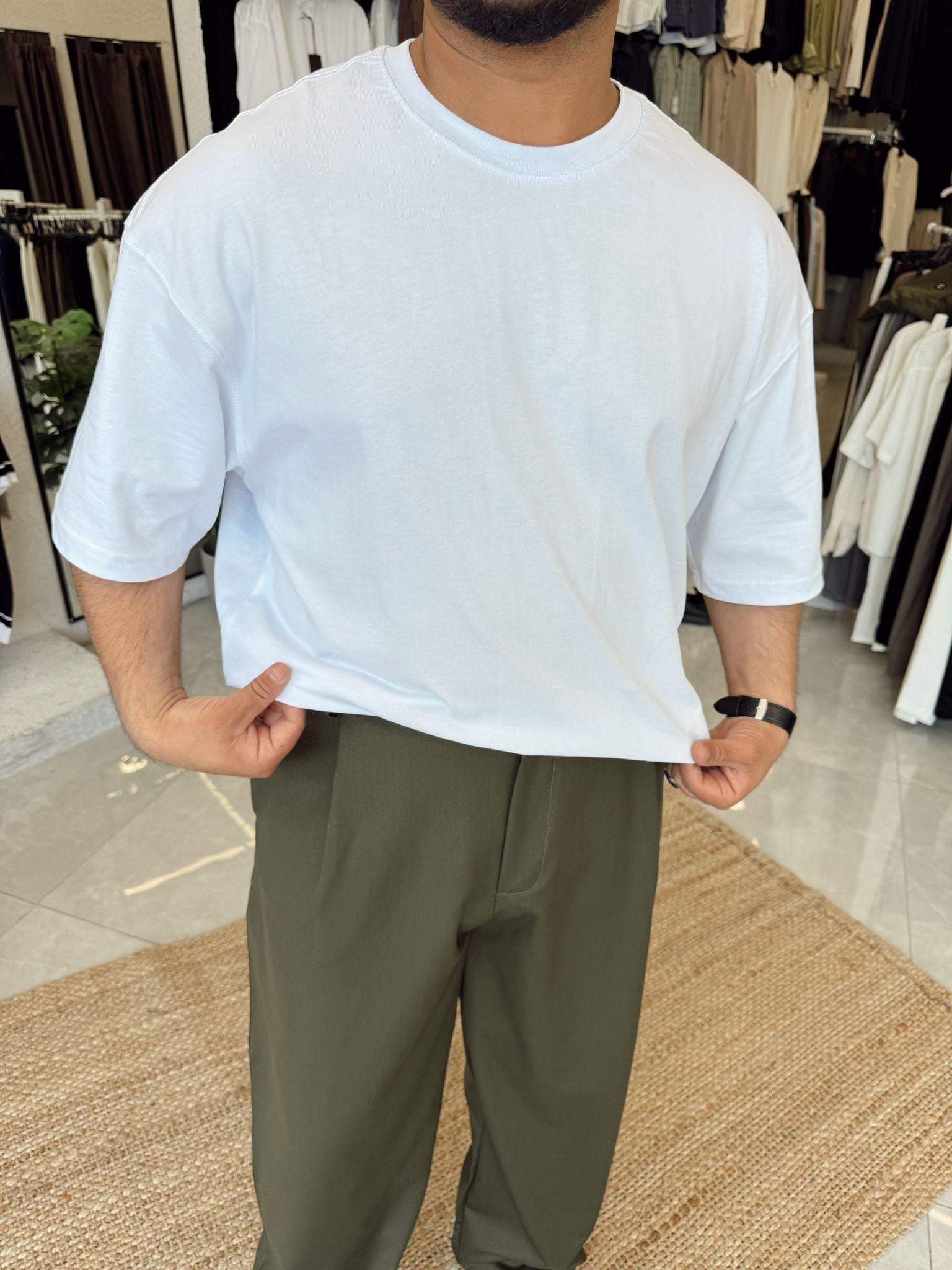 Beyaz Oversize Bisiklet Yaka T-shirt