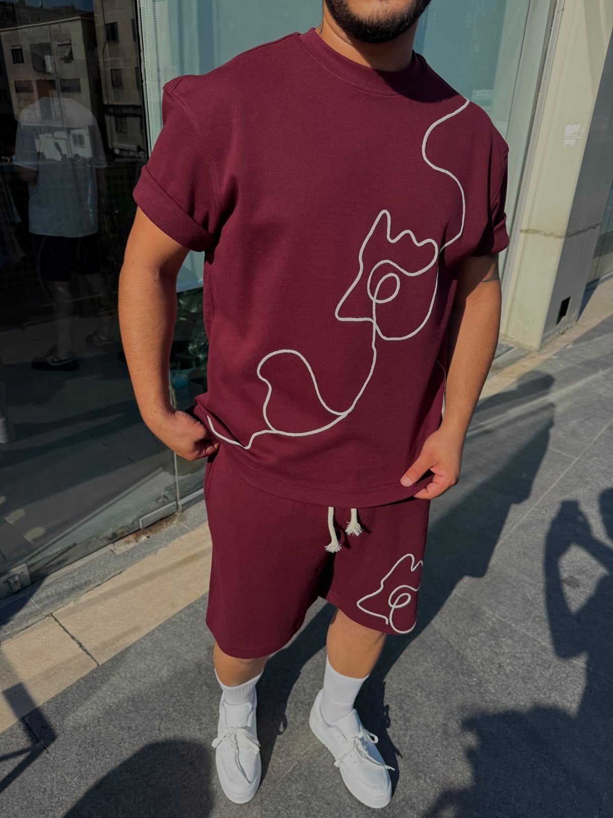Bordo Çizgi Nakışlı Şort Takım