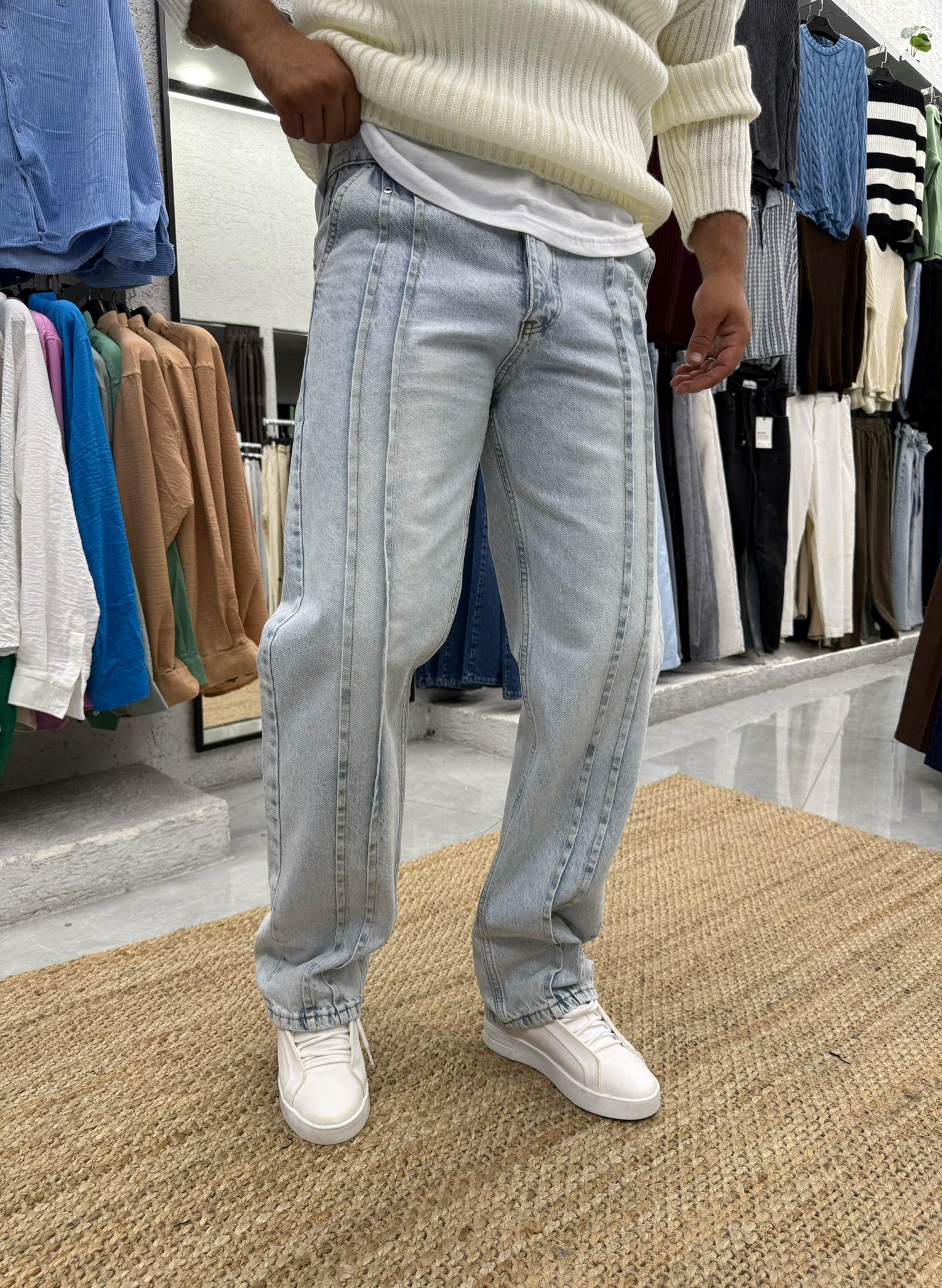 Çift Şerili Baggy Kot Pantolon Buz Mavi