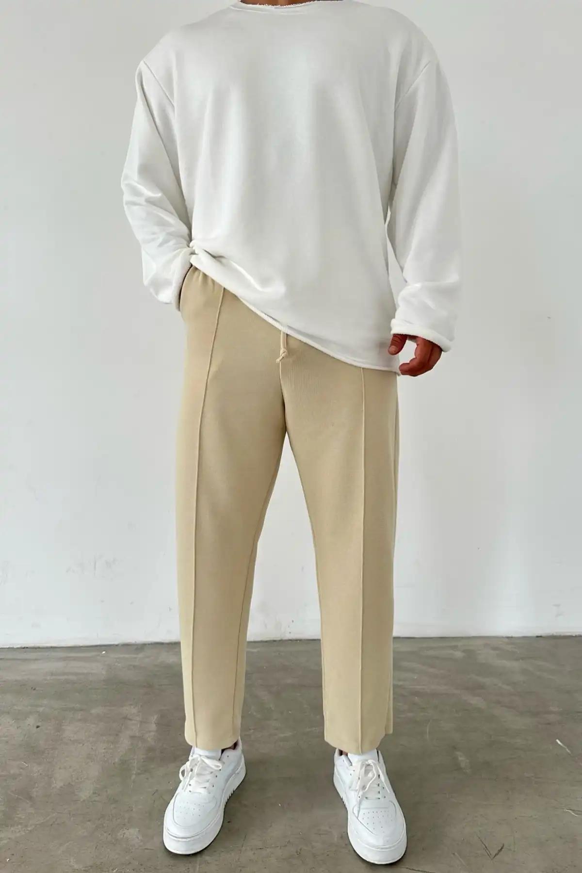 Çımalı Boyfreind Pantolon Krem