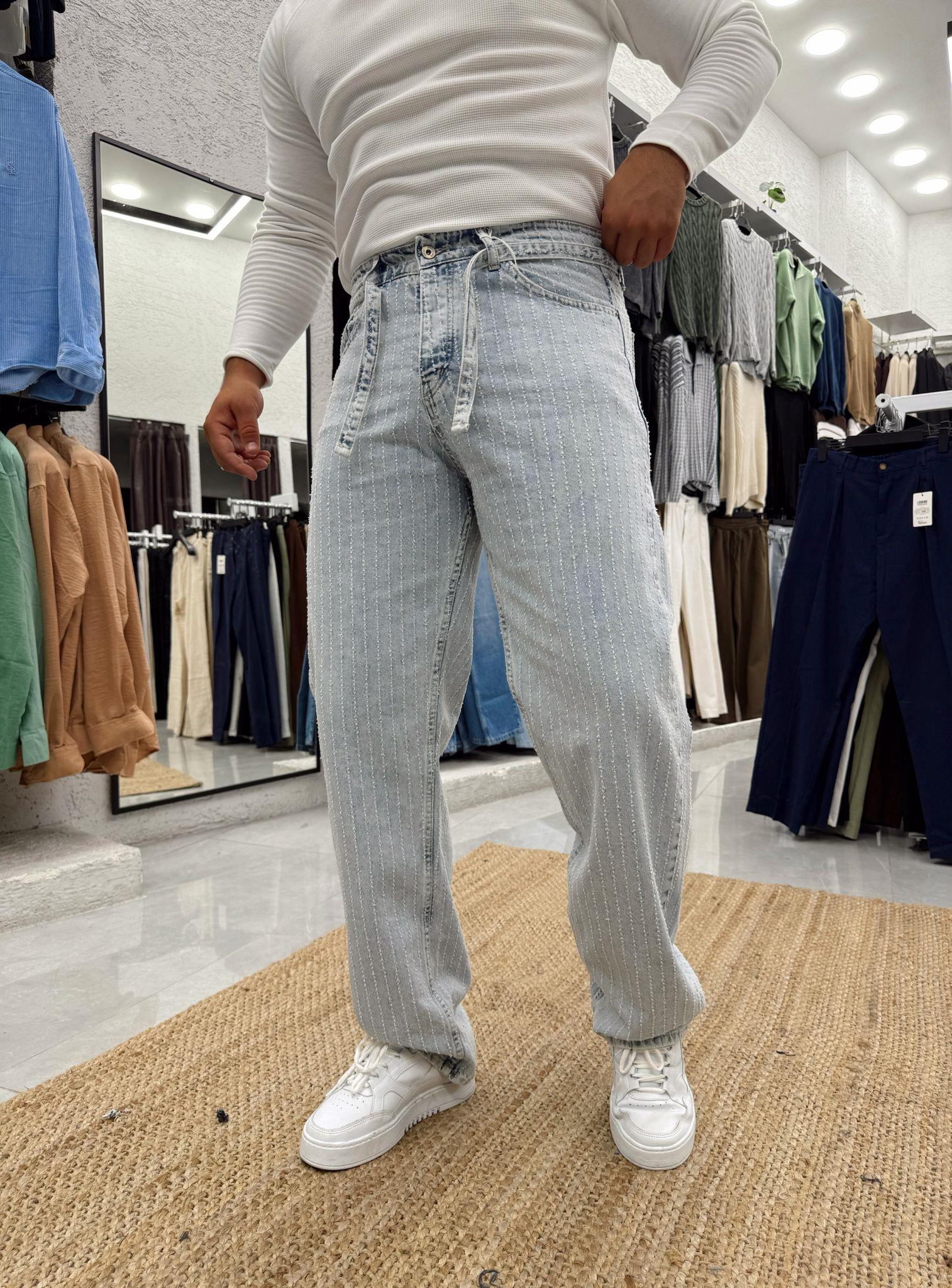 Desenli Baggy Kot Pantolon Buz Mavi