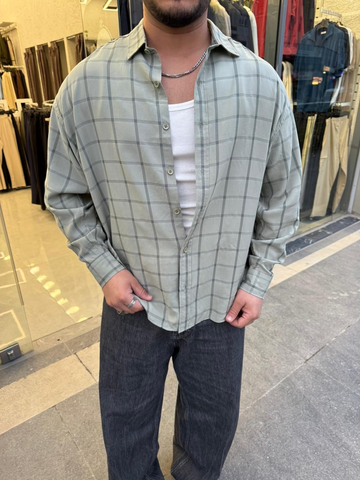 Ekose Oversize Gömlek Yeşil