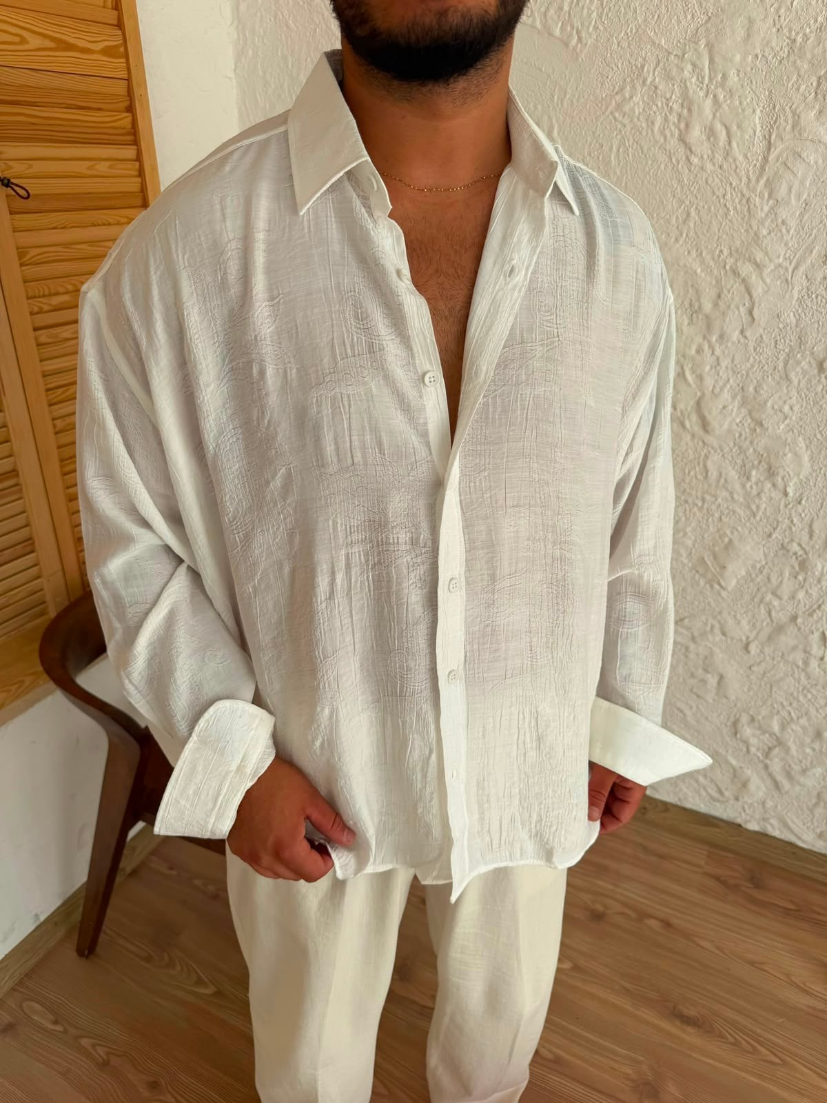 Ekru Desenli Oversize Buruşuk Gömlek