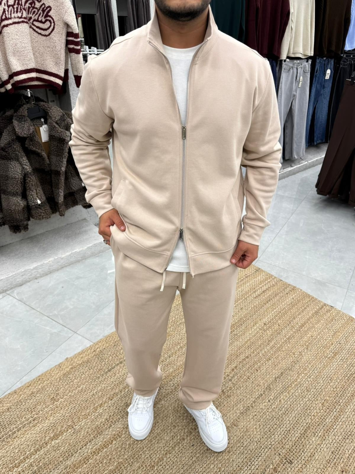 Fermuarlı Baggy Eşofman Takımı Bej