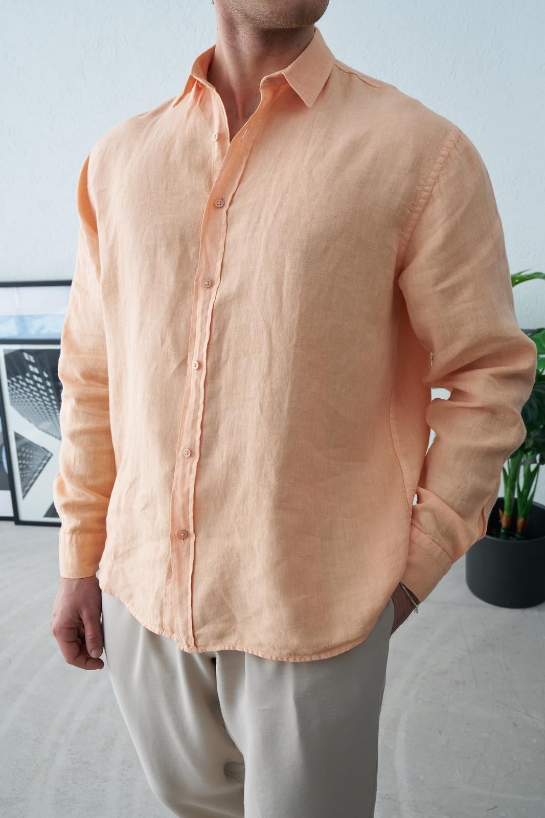 Gerçek Keten Gömlek Somon