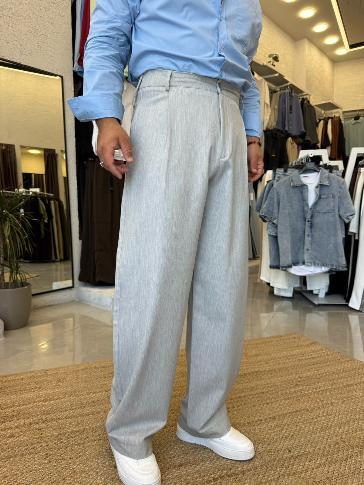 Gri Süper Baggy Kumaş Pantolon