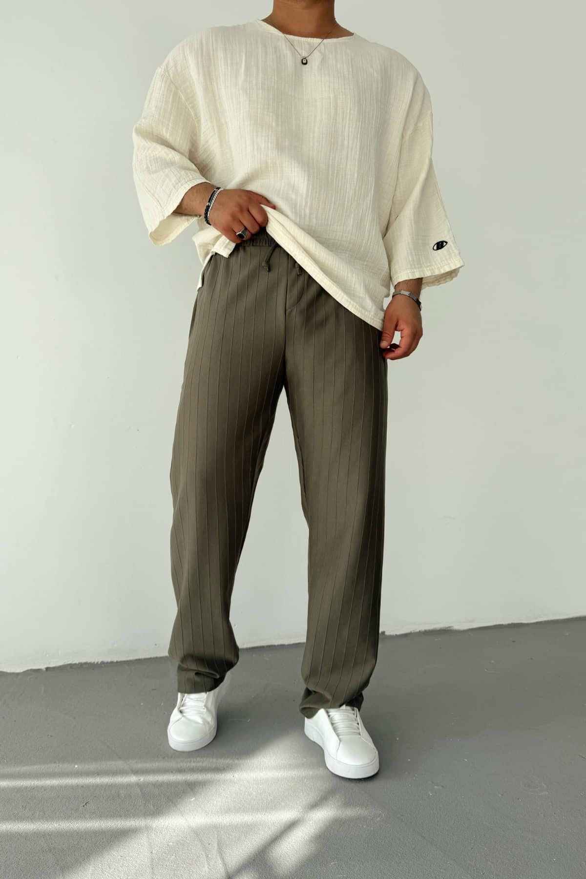 Haki Yeşil Şeritli Baggy Pantolon