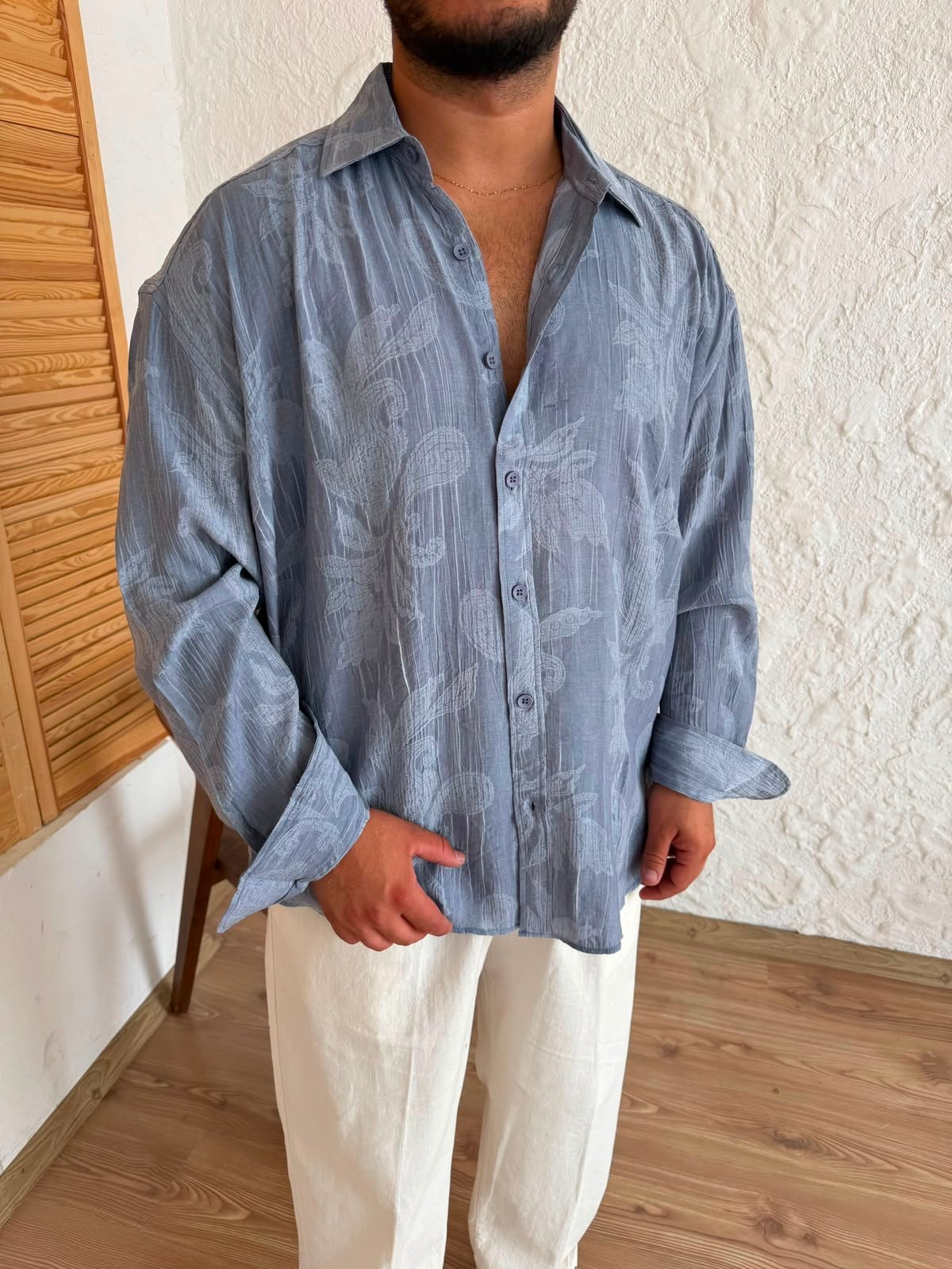İndigo Desenli Oversize Buruşuk Gömlek