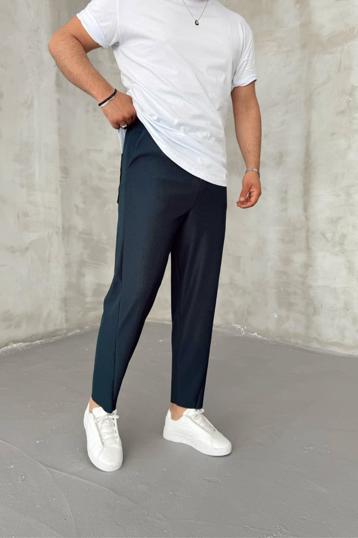 İndigo İnce Fitilli Asimetrik Kesim Pantolon