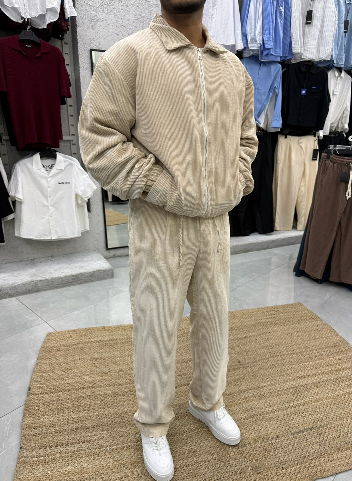 Kadife Bomber Ceket Takım Bej