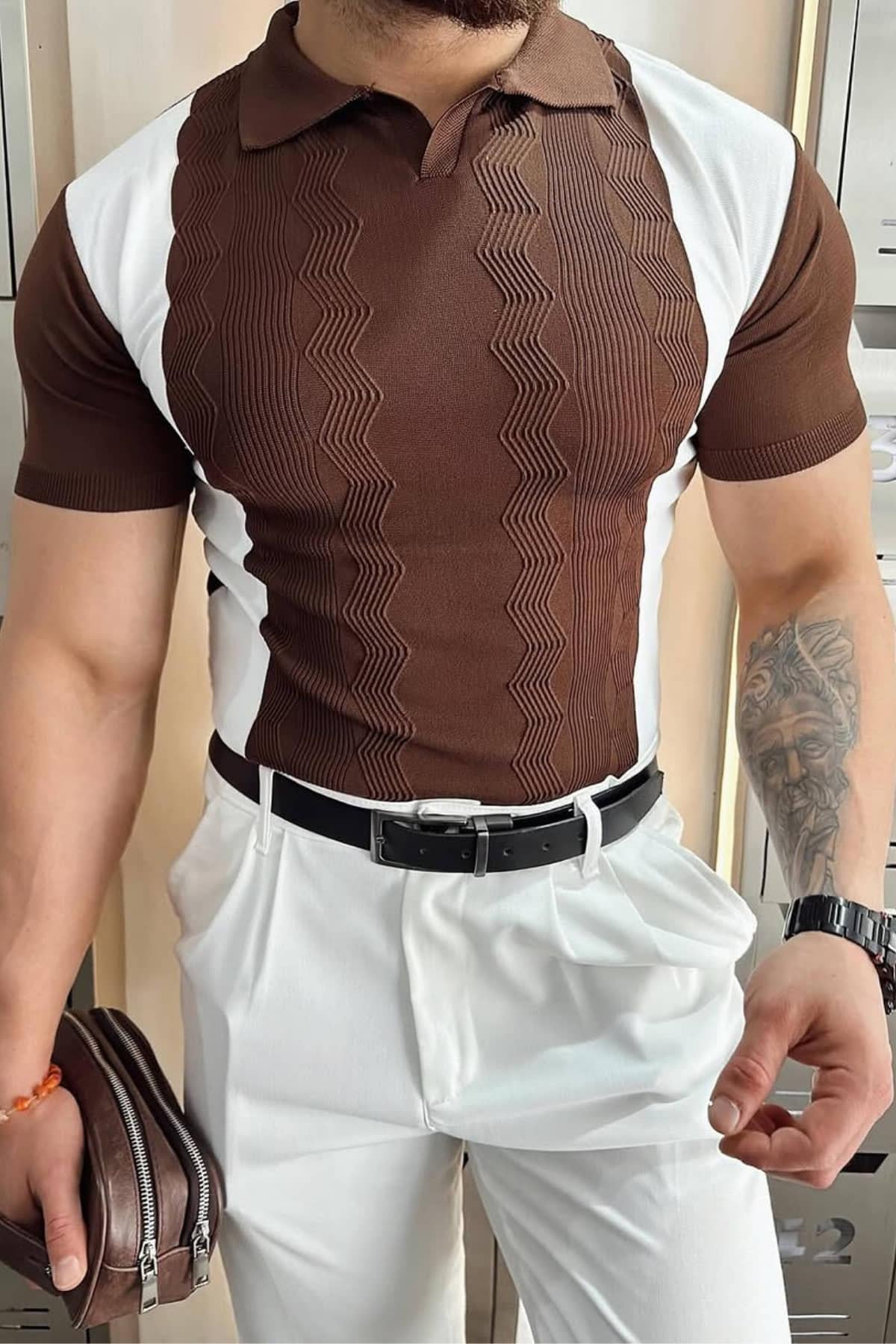 Kahve Polo Yaka Desenli Triko