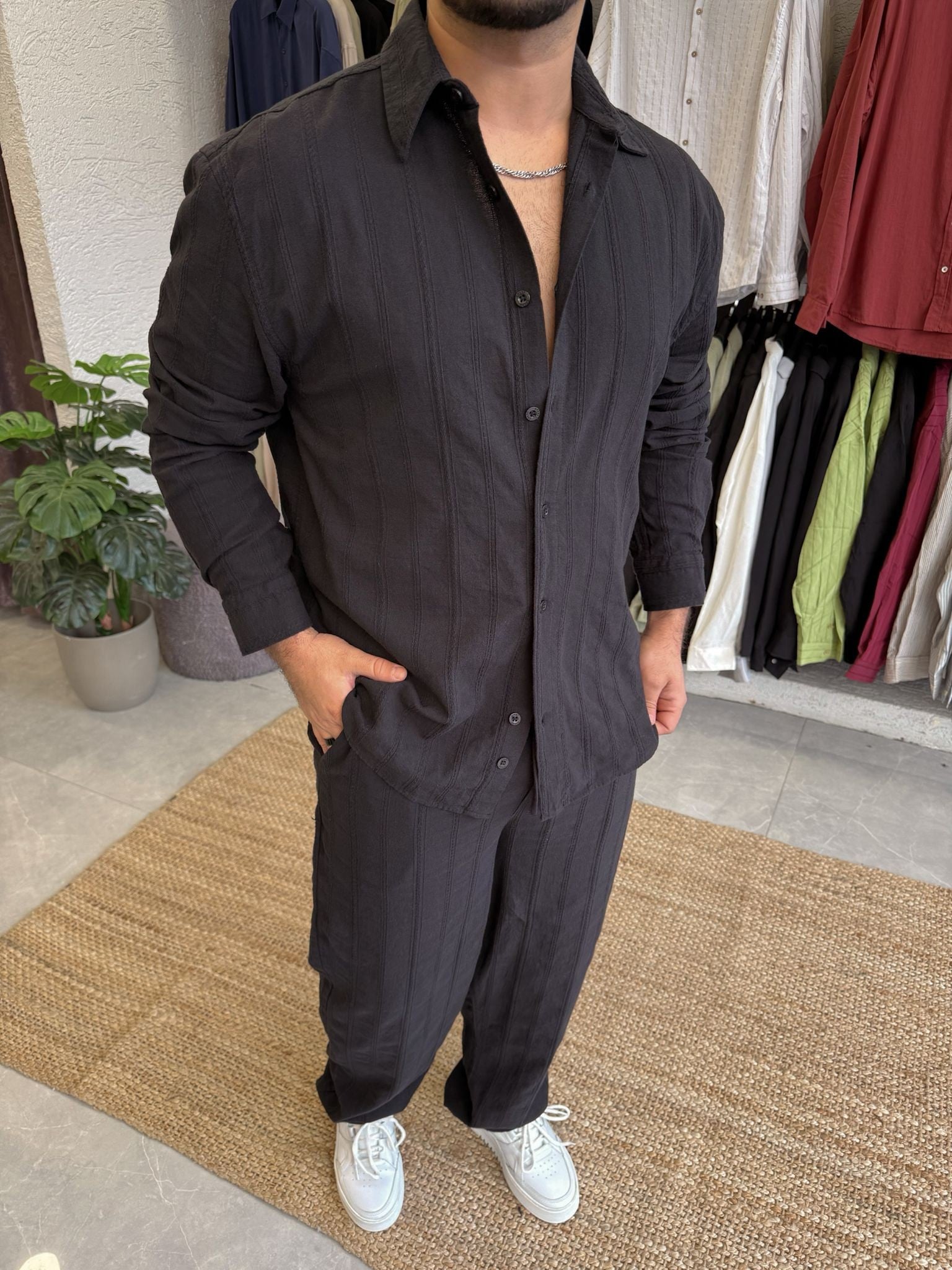 Keten Desenli Oversize Gömlek Siyah