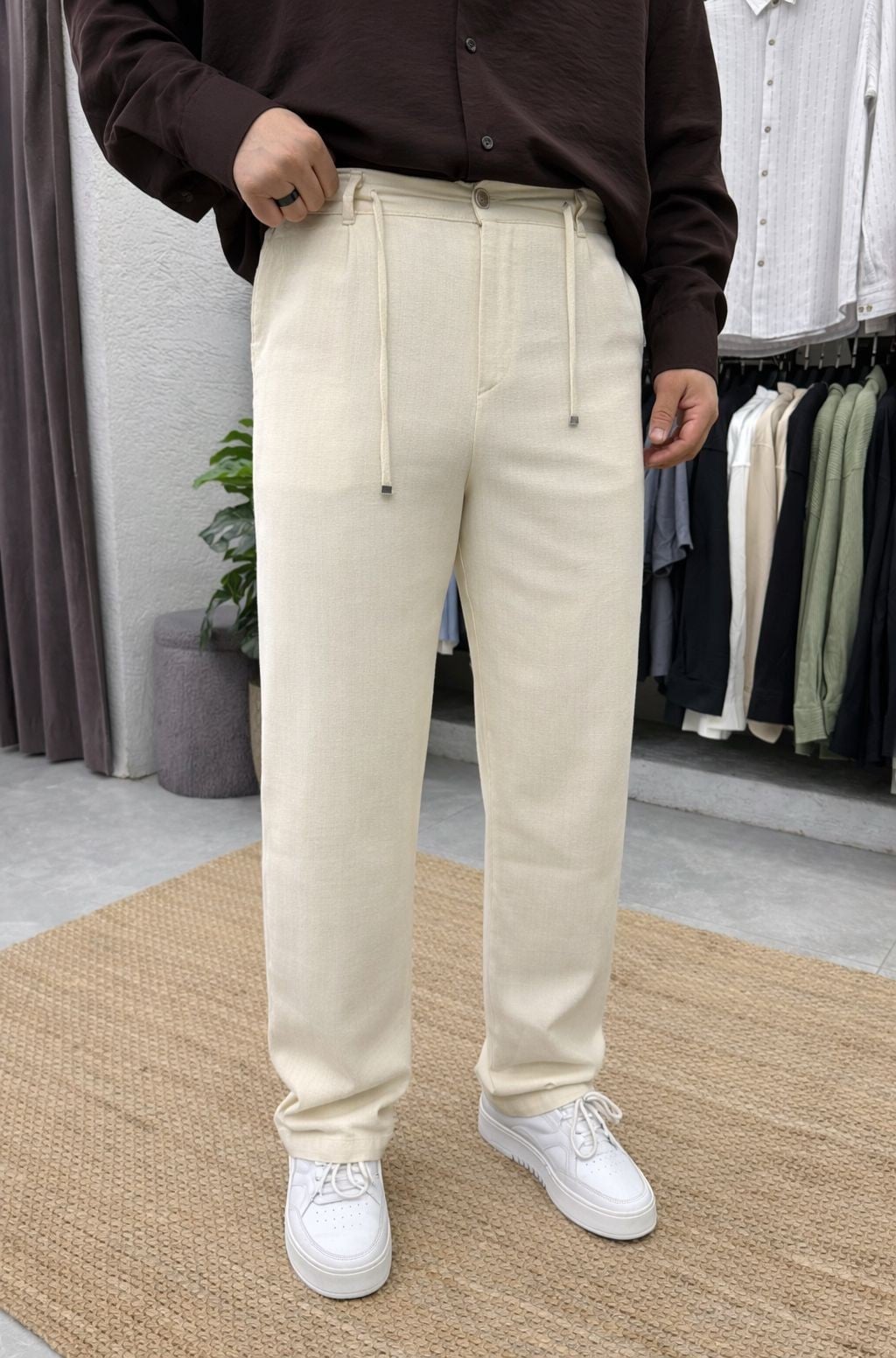 Keten İpli Regular Fit Pantolon Bej