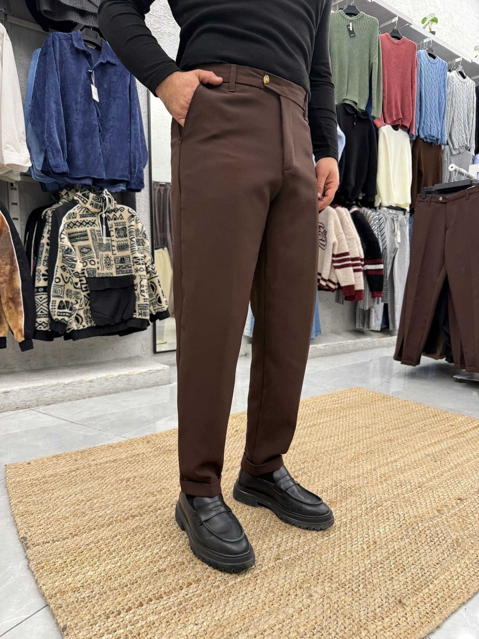 Kışlık Kısa Dilli Kumaş Pantolon Acı Kahve