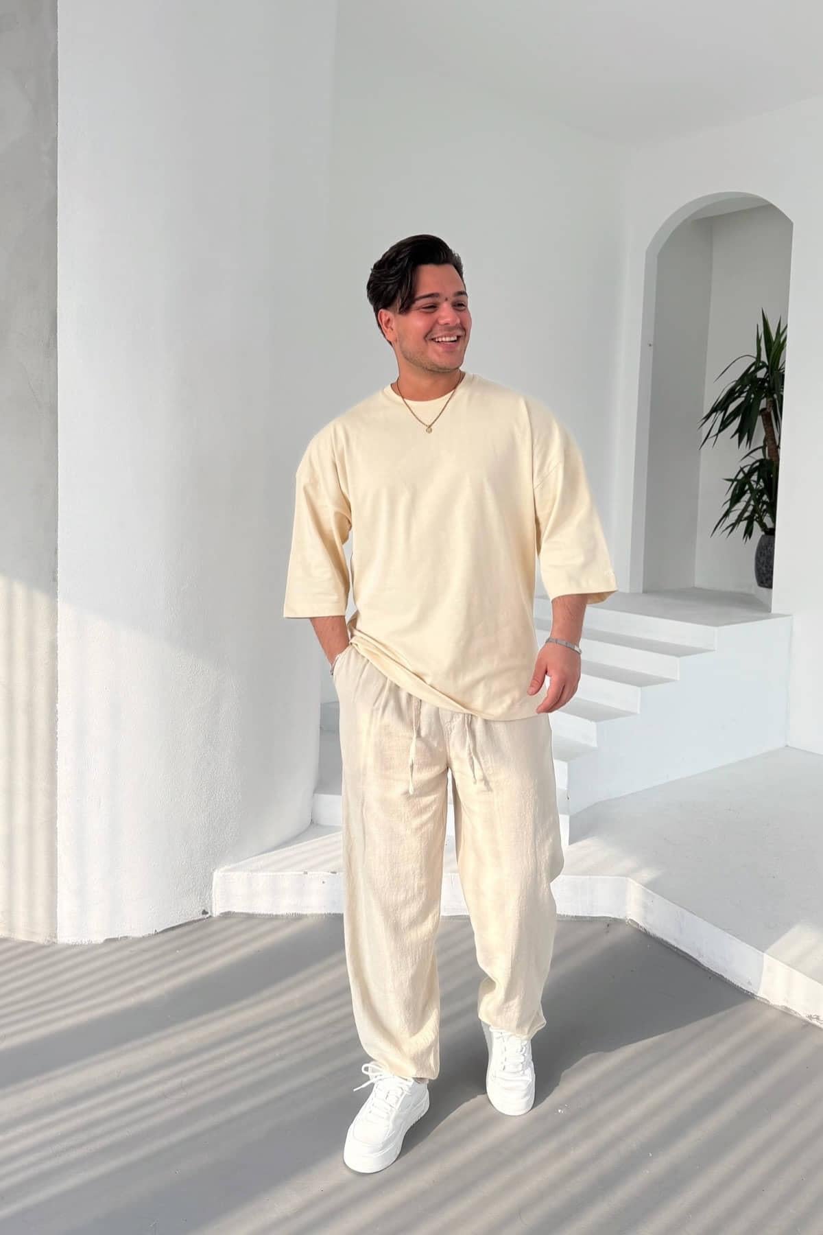Krem Basic Fakir Kol T-Shirt