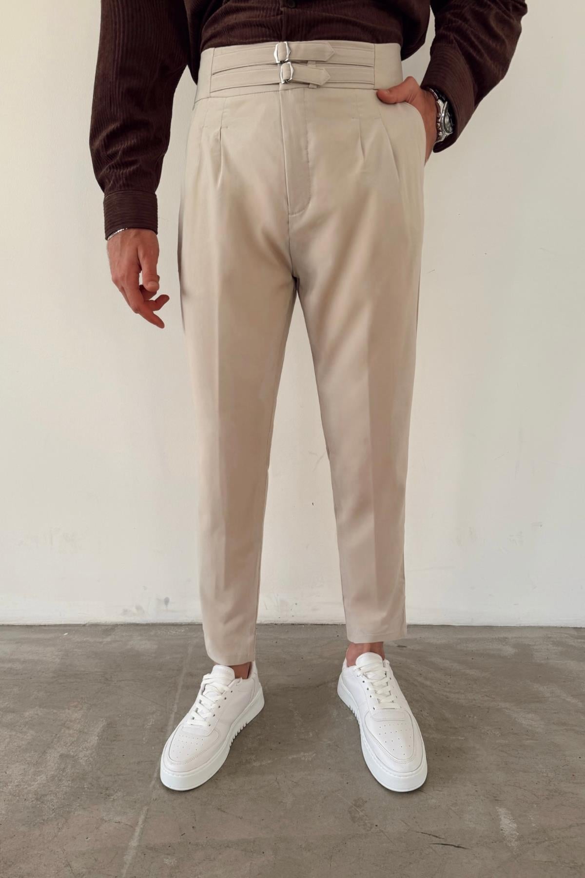 Krem Çift Kemerli Gabardin Pantolon