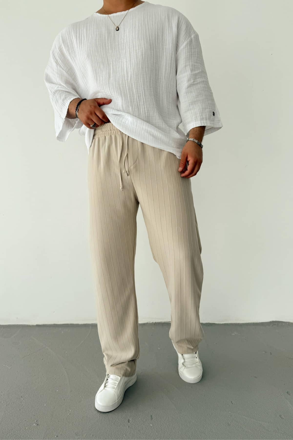 Krem Şeritli Baggy Pantolon