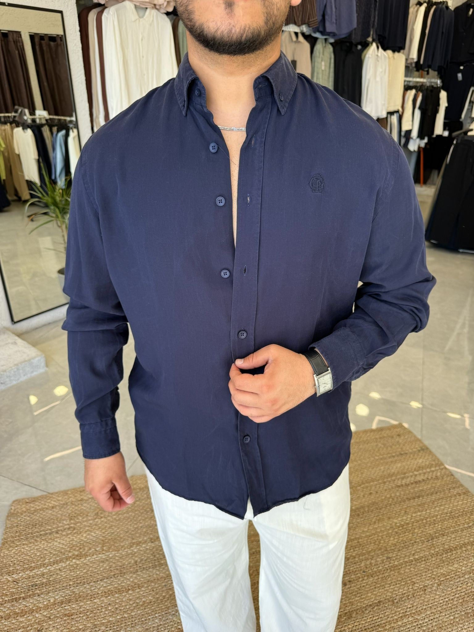 Lacivert Nakış Detaylı Yarım Oversize Gömlek