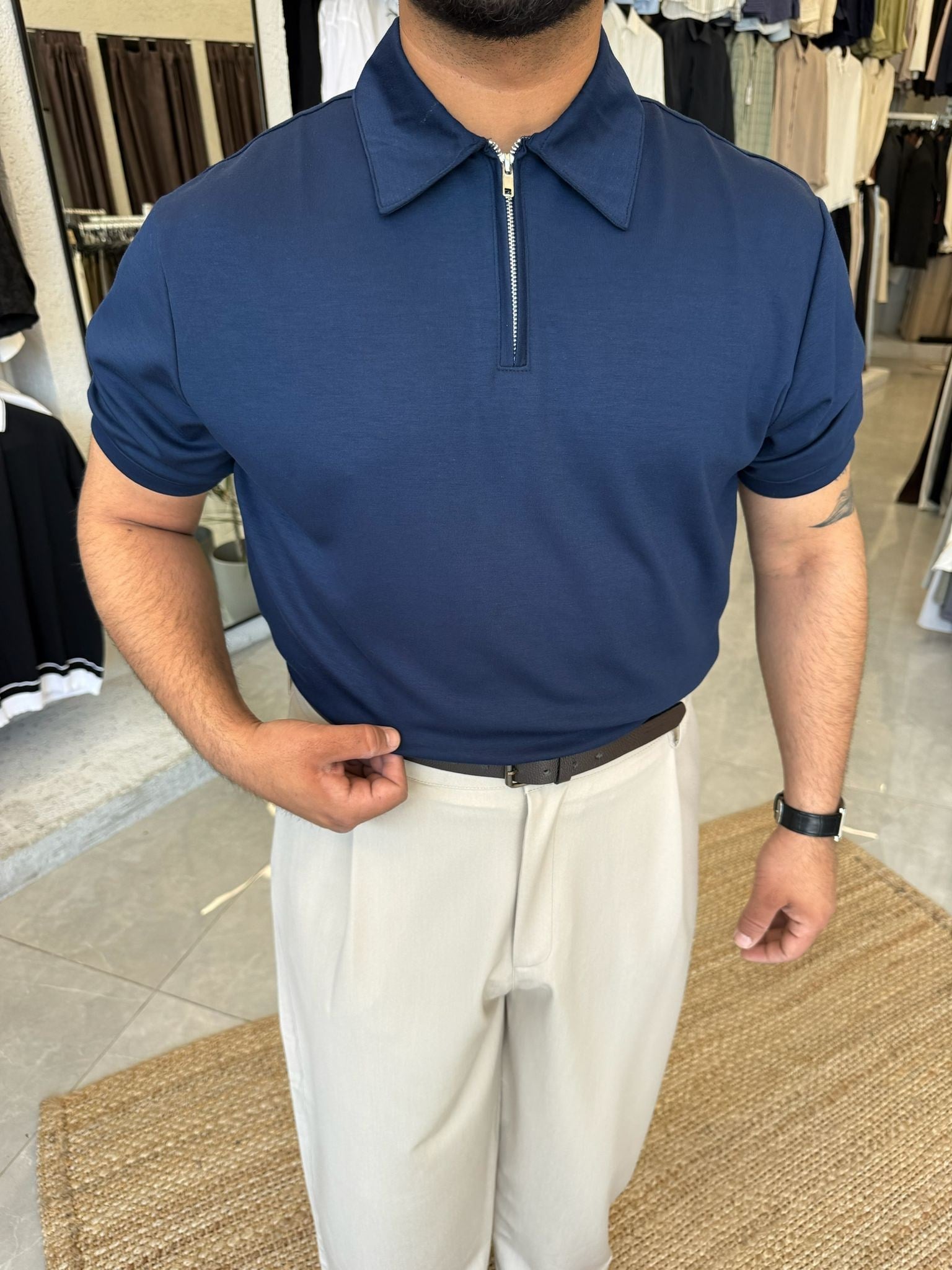 Lacivert Oysh Kumaş Polo T-shirt