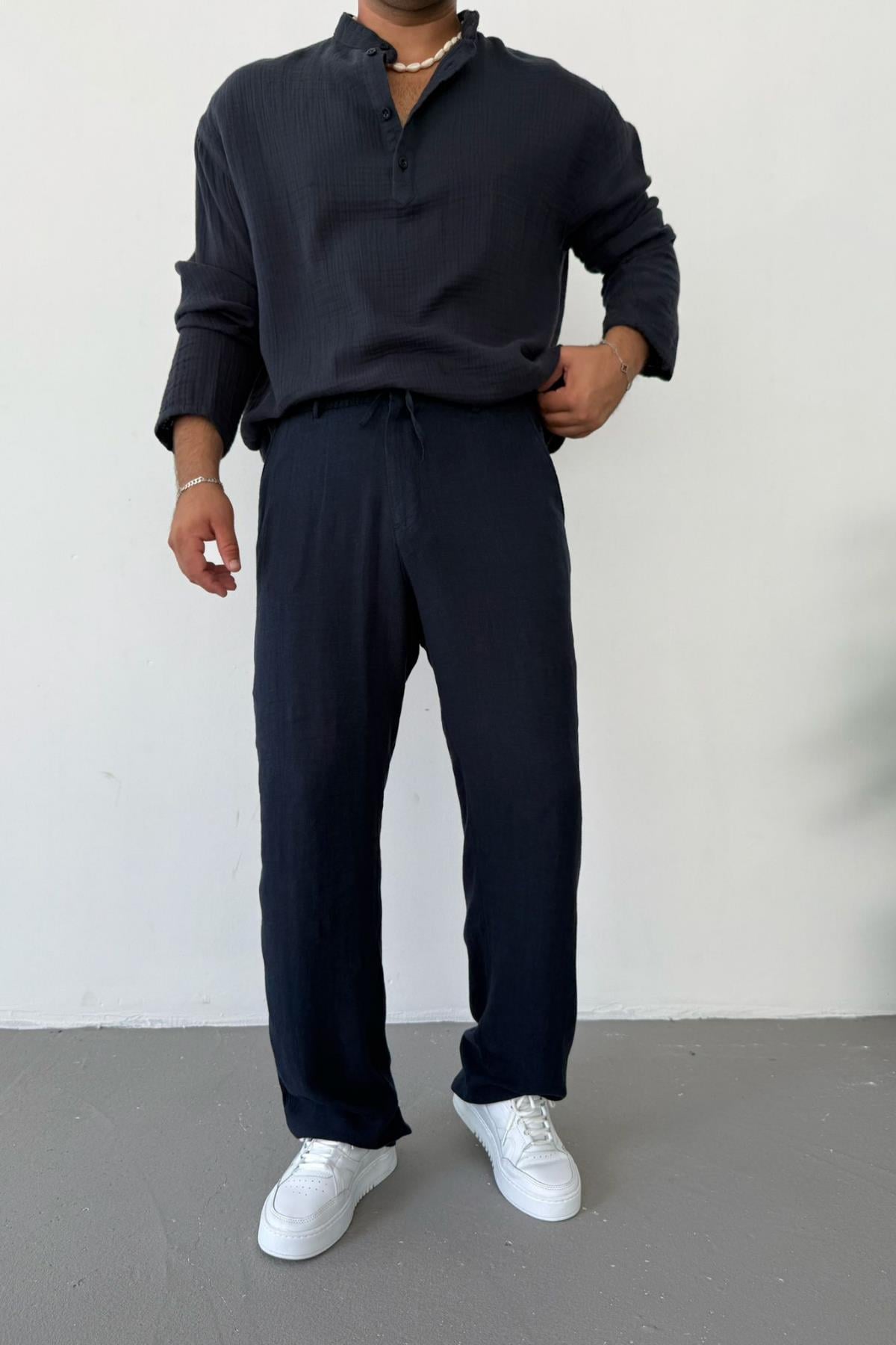 Lacivert Viscon Keten Baggy Pantolon