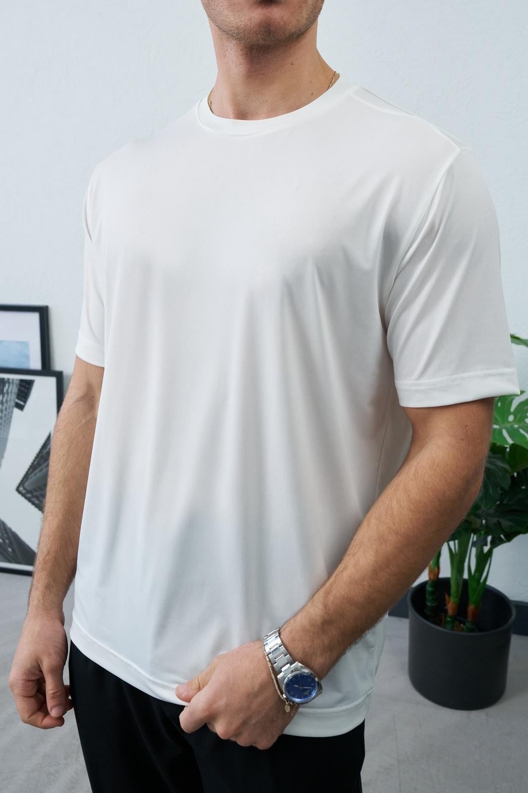 Likralı Jarse Kumaş T-shirt Beyaz