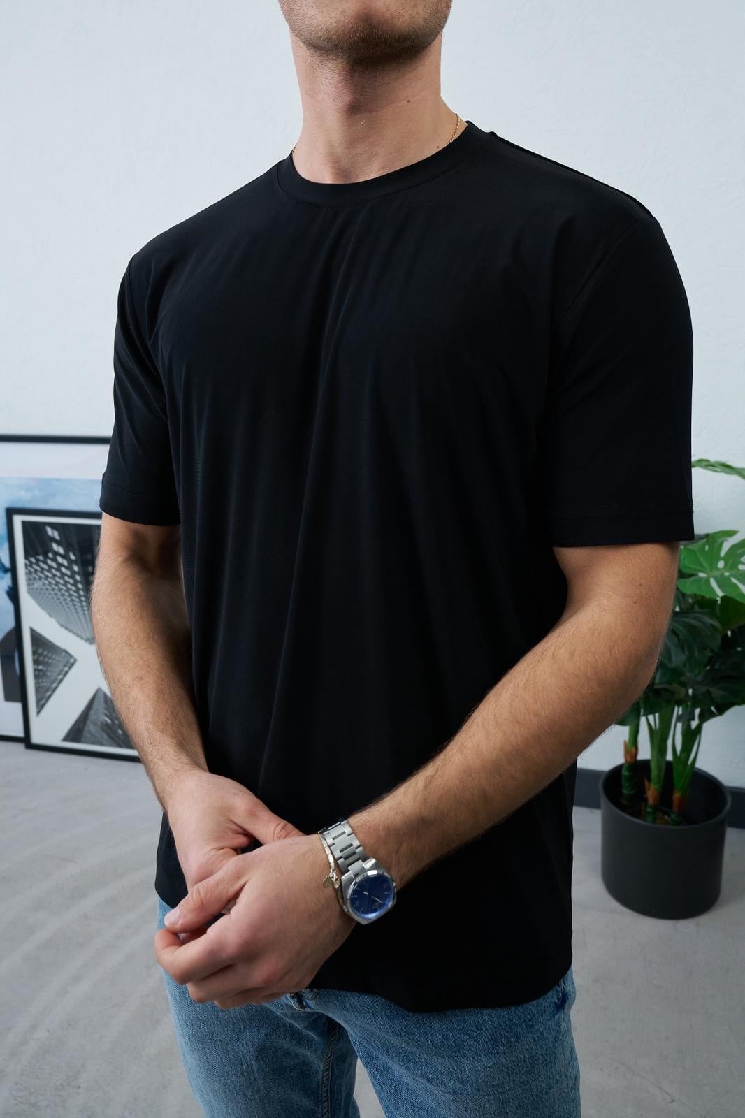 Likralı Jarse Kumaş T-shirt Siyah