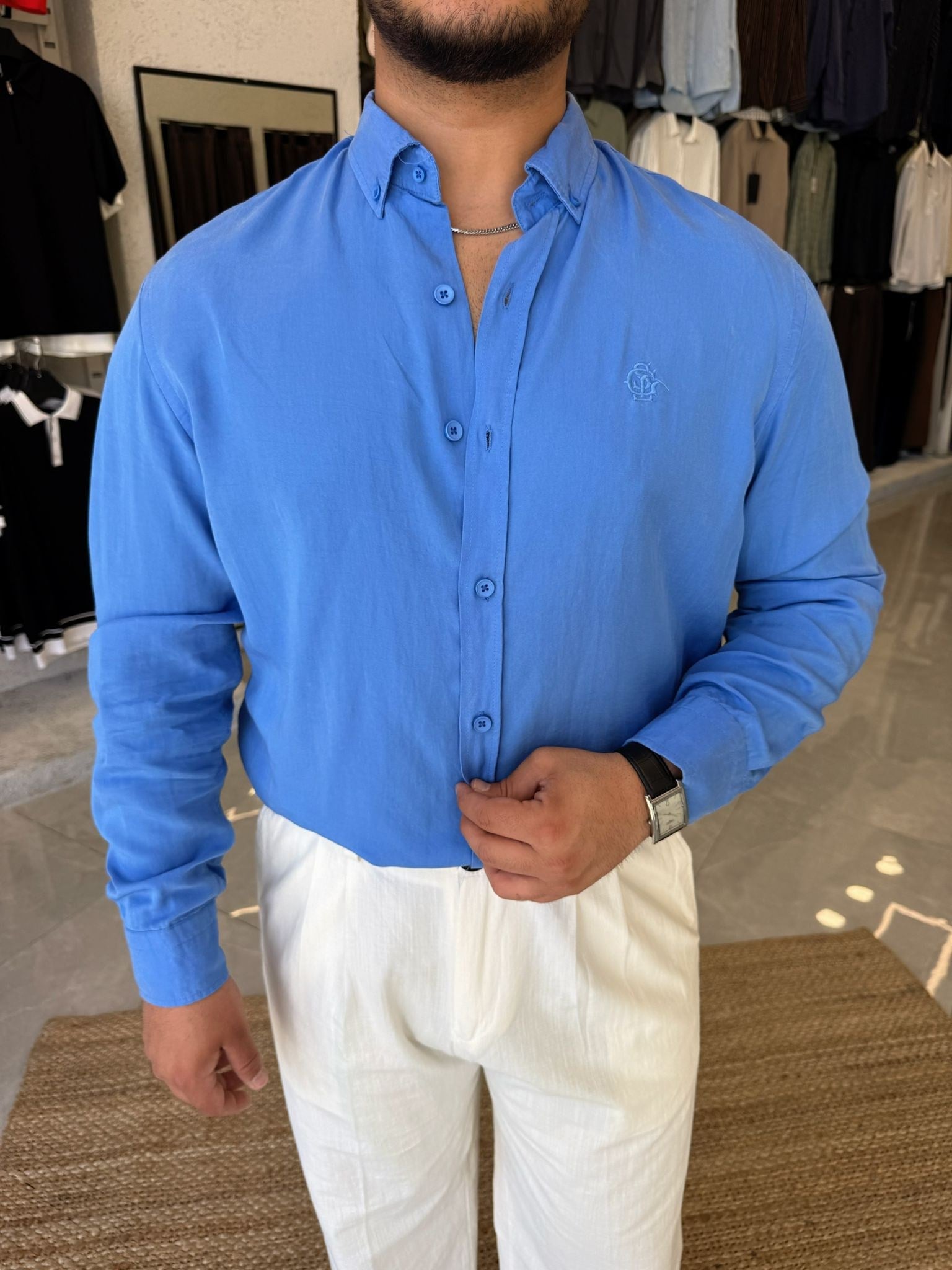 Mavi Nakış Detaylı Yarım Oversize Gömlek