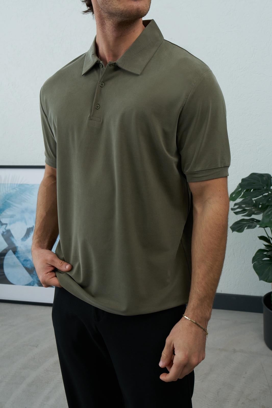 Modal Kumaş Düğmeli Polo Yaka T-shirt Haki